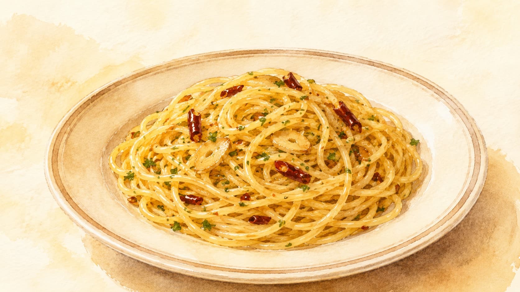 A bowl of Aglio e Olio pasta with garlic, olive oil, and chili flakes garnished with parsley.