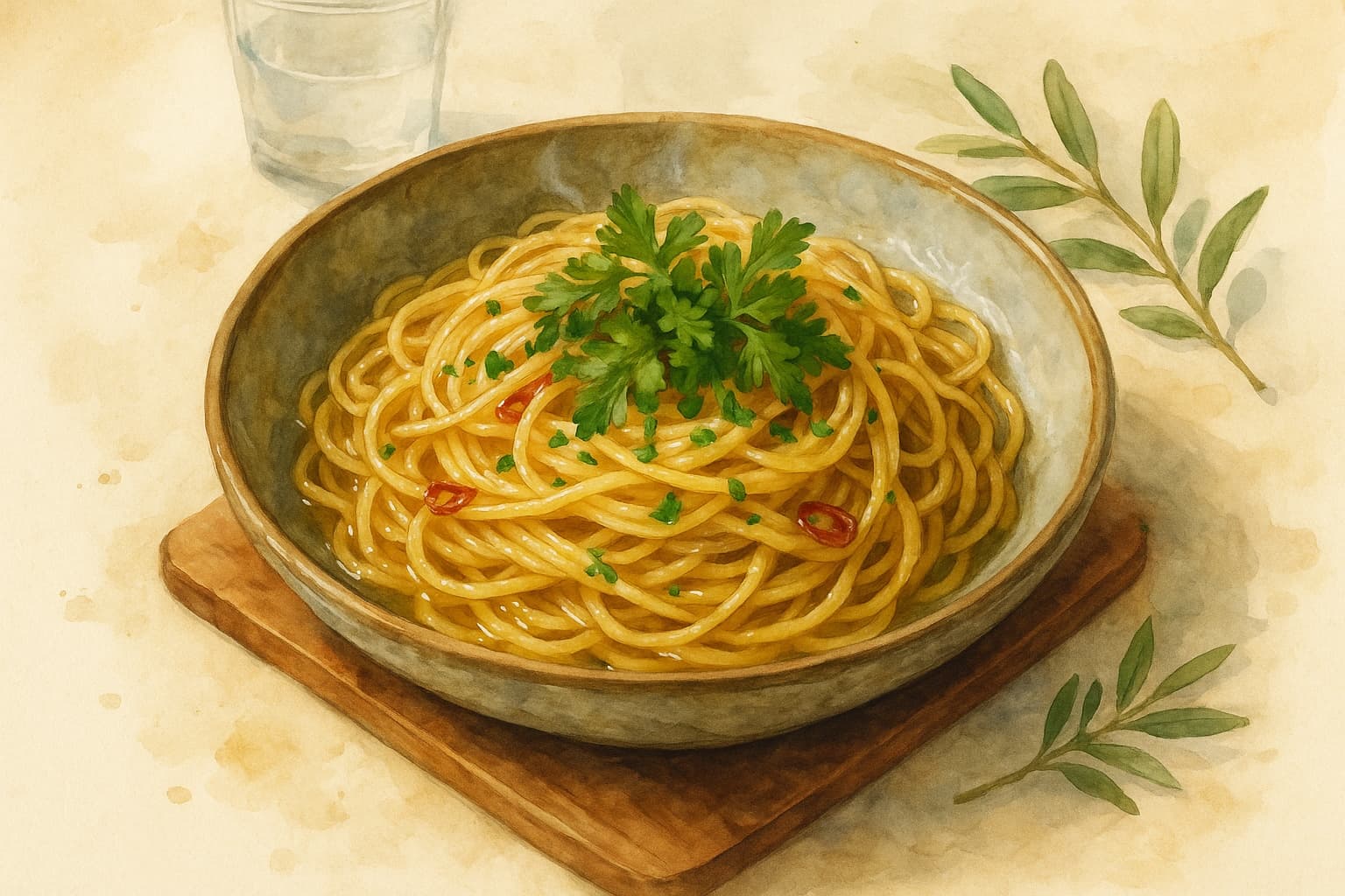 A simple yet elegant dish of spaghetti coated in olive oil, garlic, and red pepper flakes.