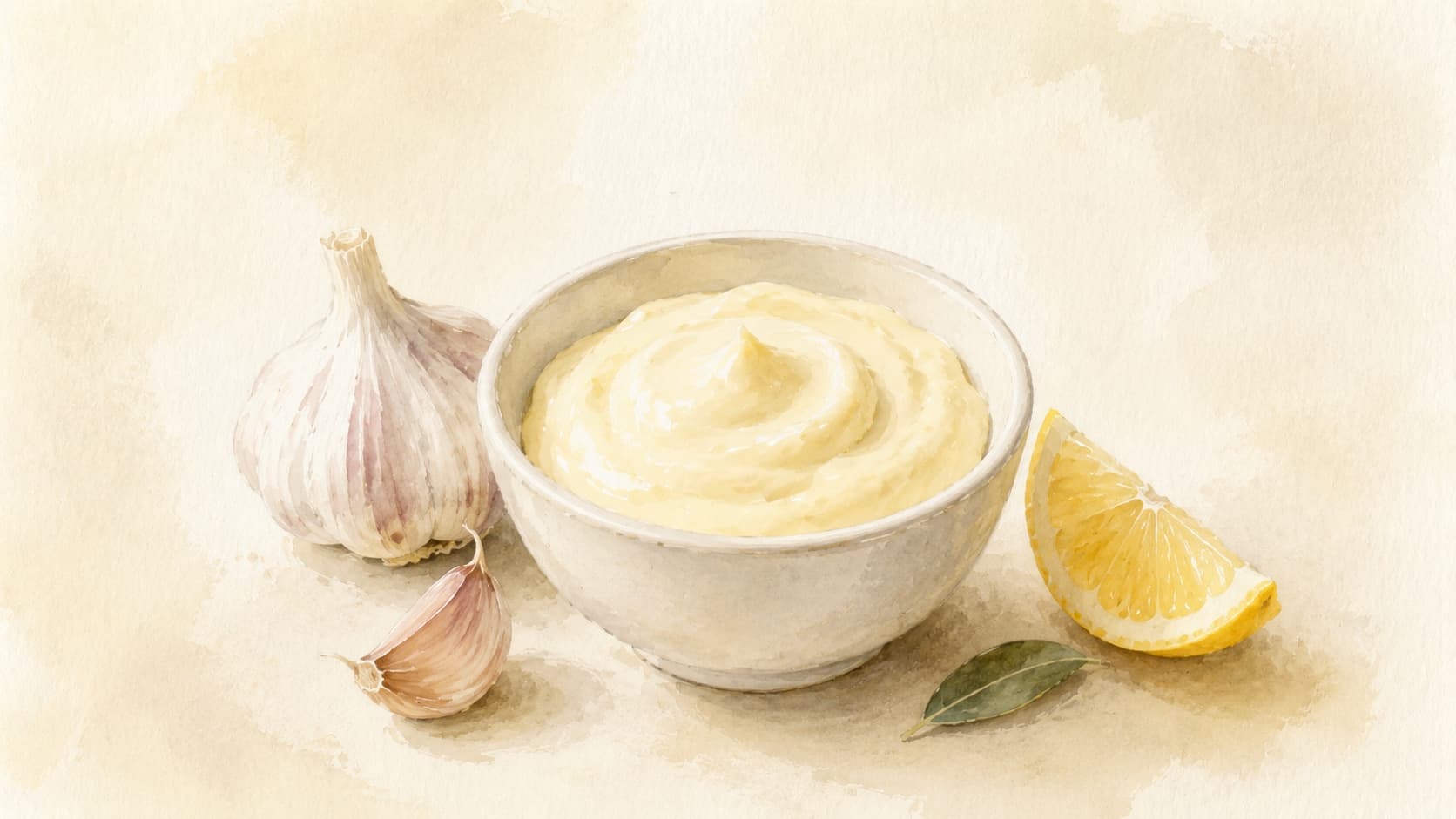 A thick, pale ivory aioli in a small stone mortar with a wooden pestle resting beside it, garlic cloves and olive oil nearby