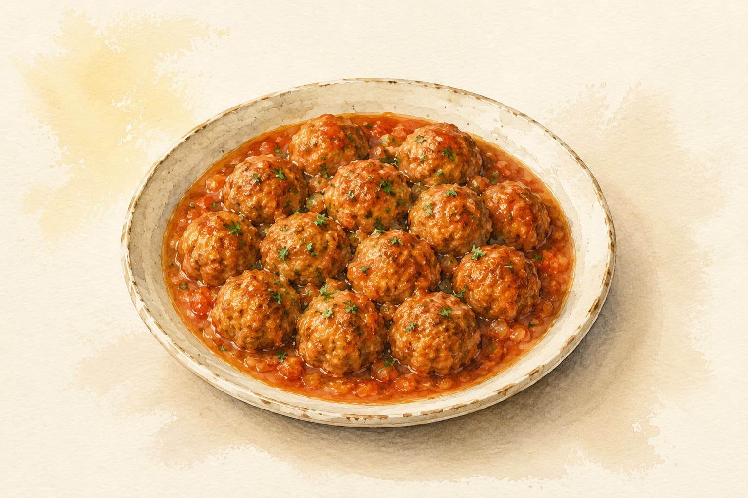 Tender meatballs in a rich tomato sauce, garnished with fresh herbs.
