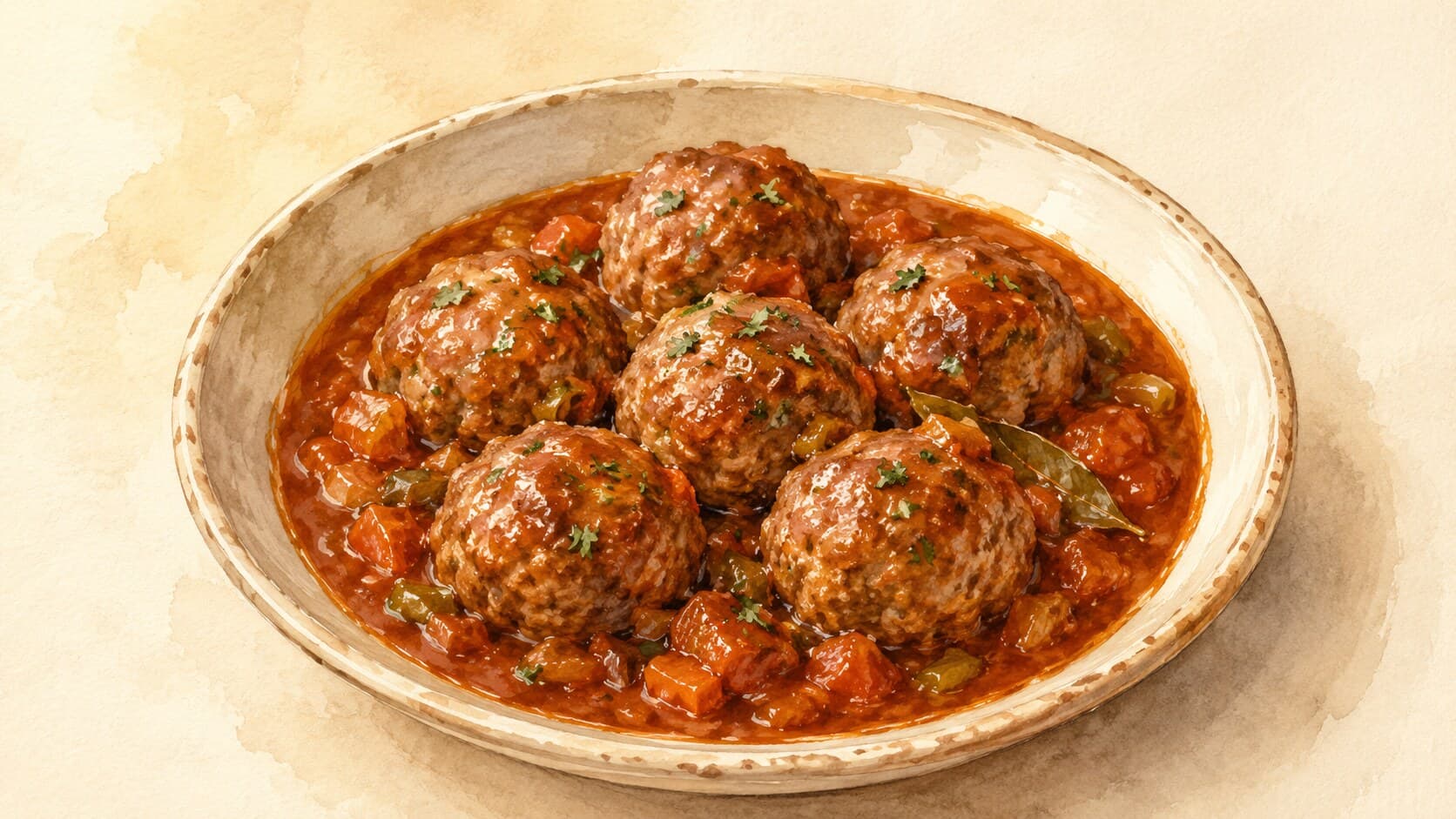 A serving of Spanish meatballs in tomato-sherry sauce garnished with parsley.