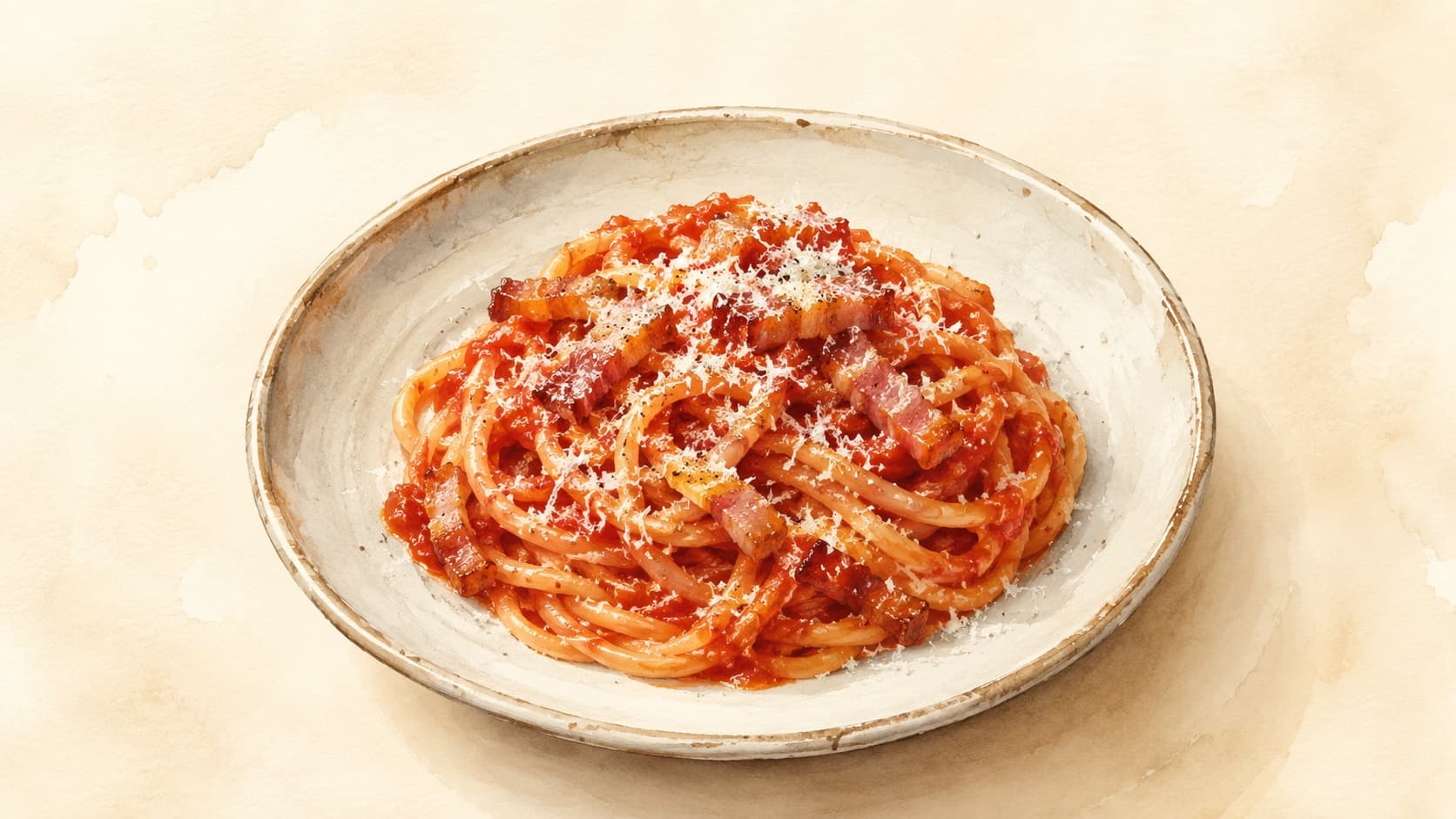 A plate of Bucatini all'Amatriciana showcasing the thick pasta coated in a rich tomato sauce with crispy guanciale.