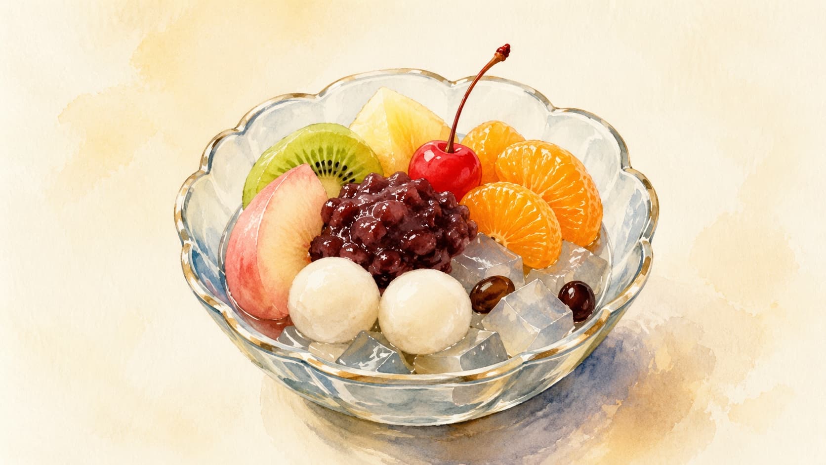 A beautifully arranged Anmitsu featuring colorful fruits and translucent jelly.