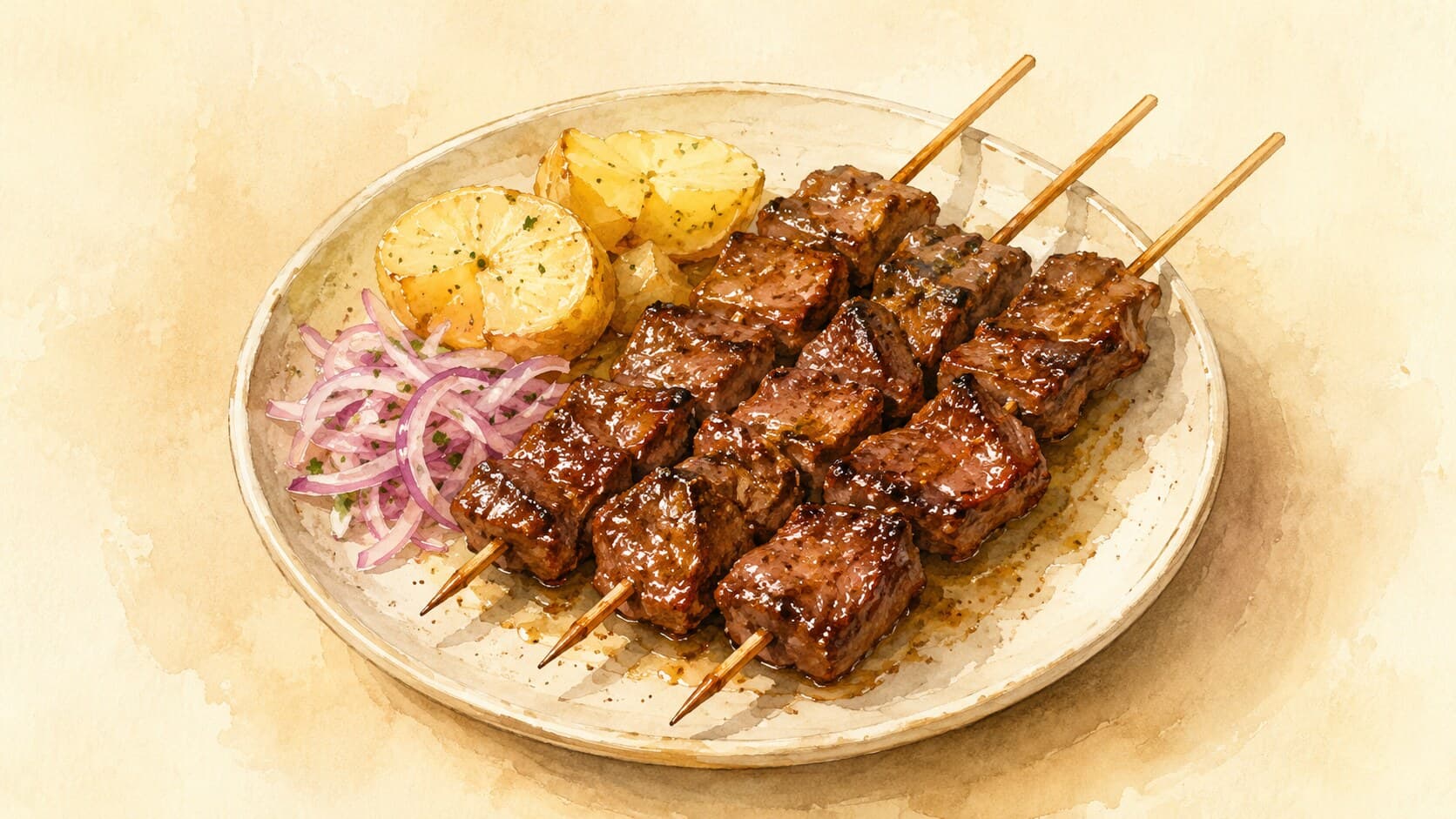 濃い色の焼き目がついた牛ハツの串焼きが数本、皮付きのじゃがいもとコチョロが添えられた皿。