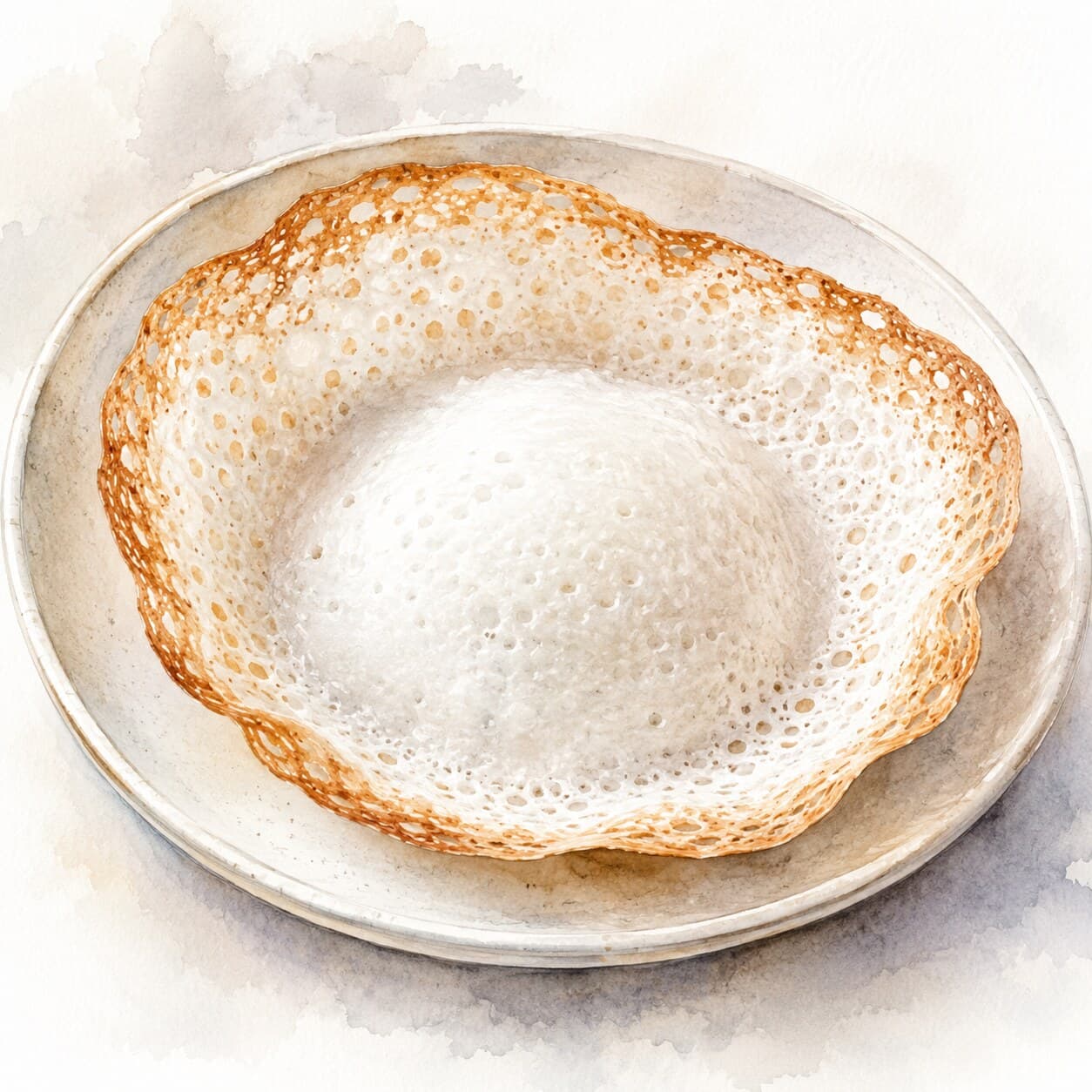 A beautifully cooked appam with a golden crispy edge and soft center served in a traditional bowl.