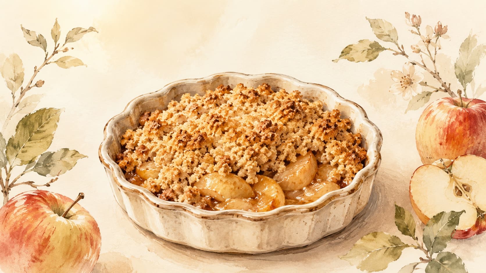 A warm apple crumble with a golden, crumbly topping.