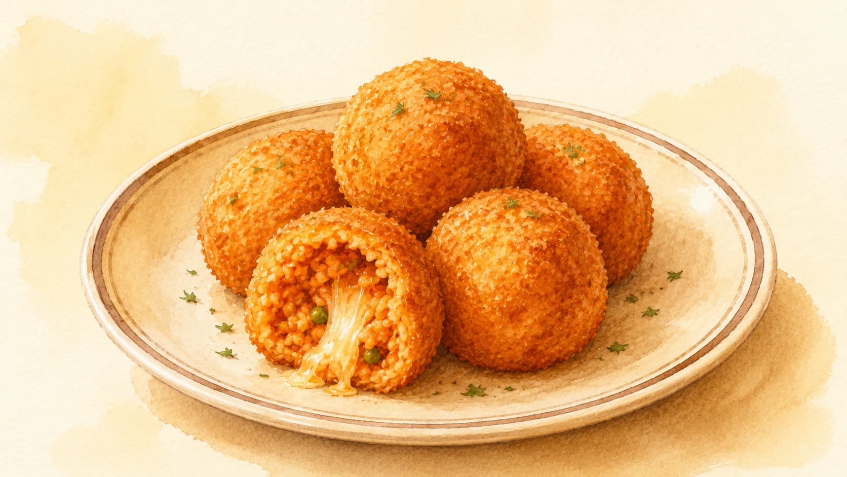 Golden-brown arancini with a crisp texture and creamy cheese peeking through.