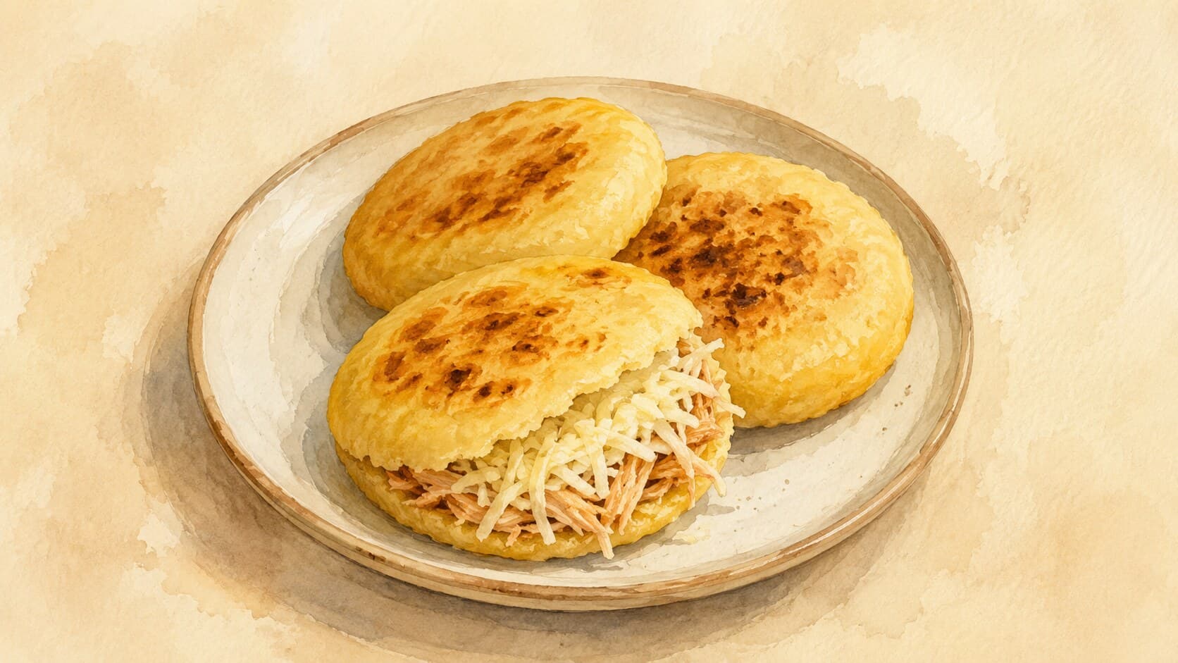 A stack of golden griddled white-corn arepas, one split open to reveal a shredded chicken-avocado filling.