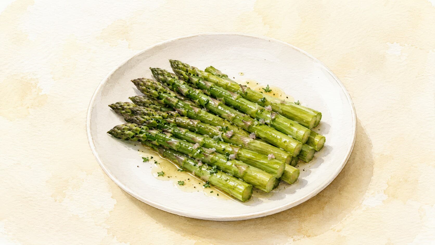 A single dish of asparagus drizzled with vibrant vinaigrette, showcasing its glossy finish.