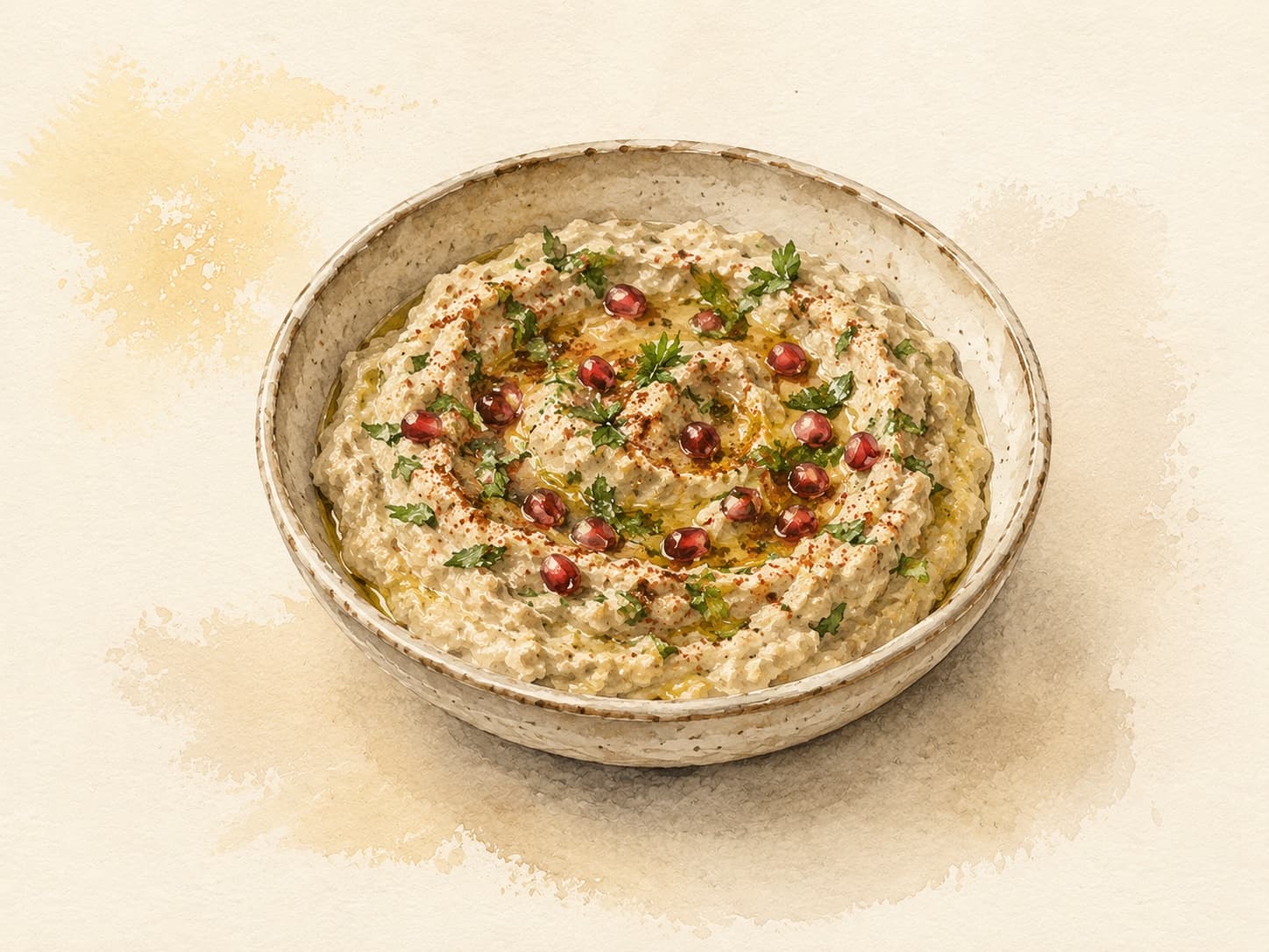 A creamy, smoky baba ganoush served in a bowl, garnished with olive oil and parsley.