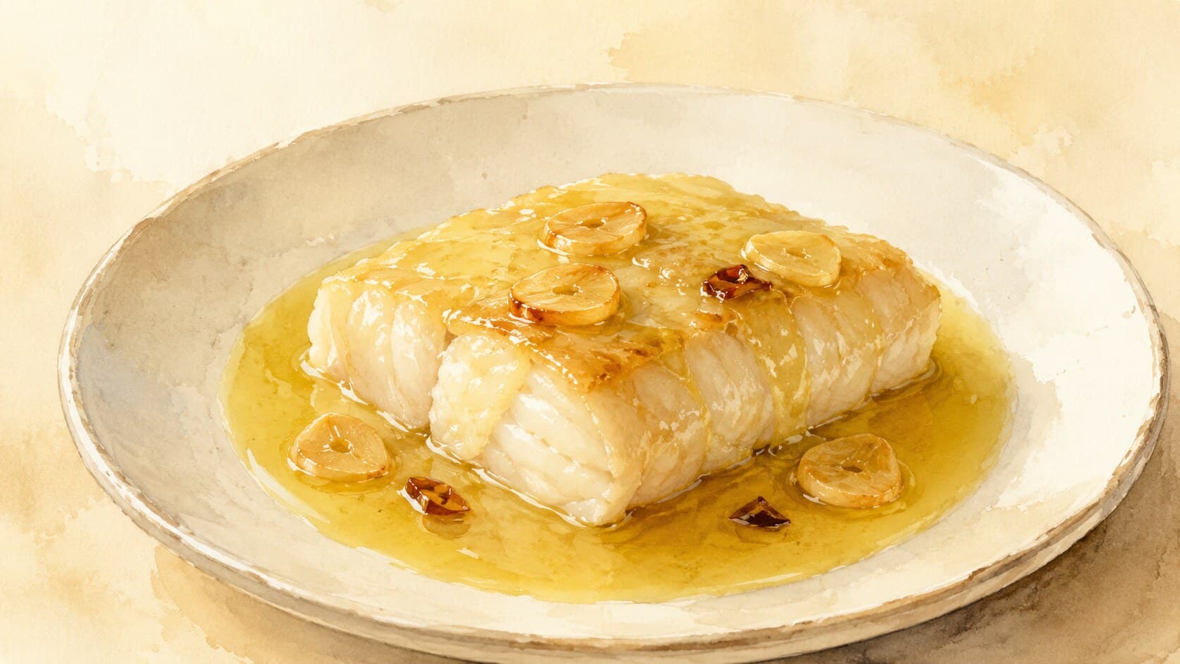 A golden emulsion of olive oil enveloping tender cod fillet with slivers of garlic.