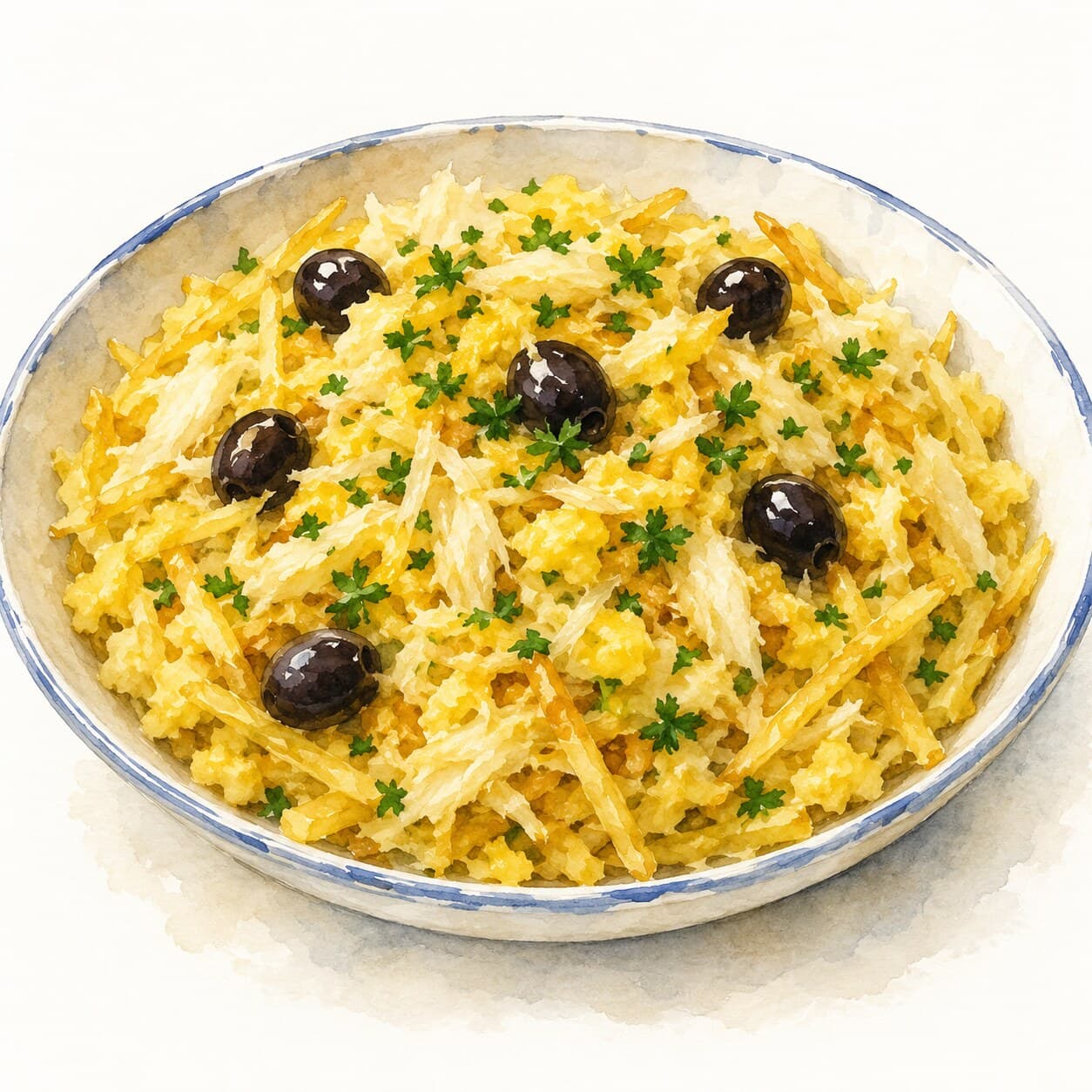 A beautifully plated Bacalhau à Brás featuring golden potato shoestrings and vibrant parsley.