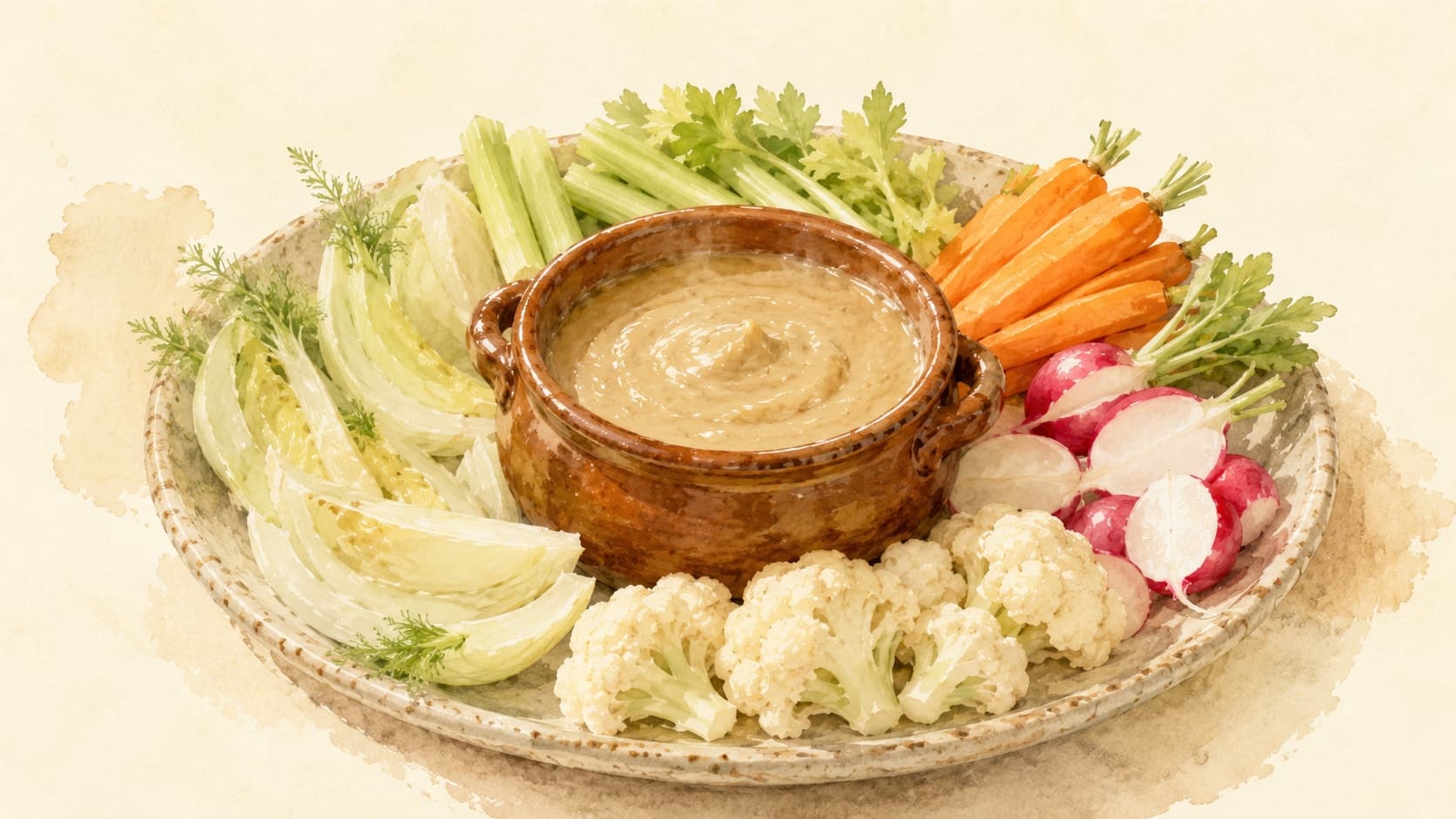 A watercolor illustration of Bagna Cauda served in a rustic bowl with assorted fresh vegetables.