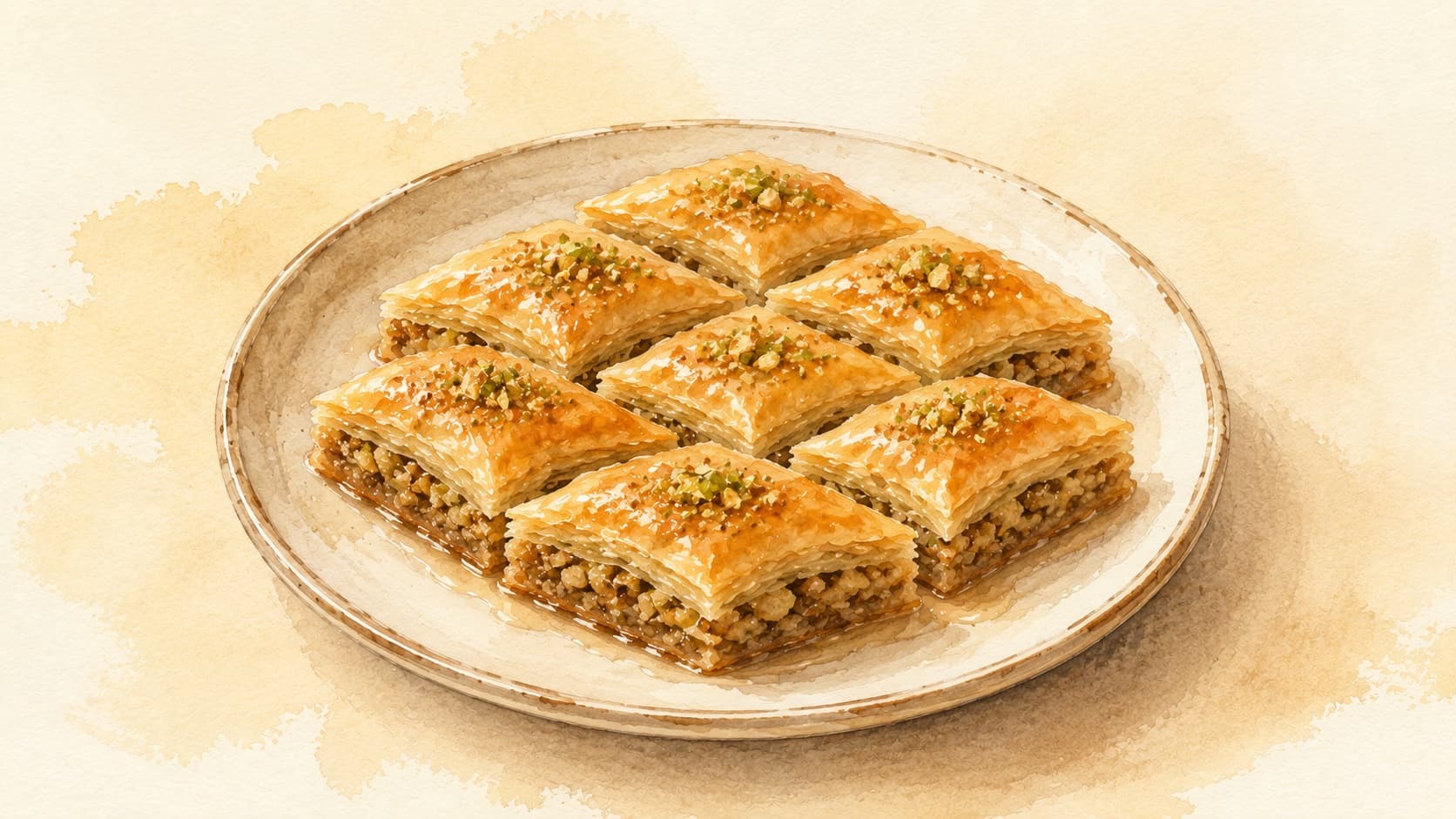 A beautifully arranged tray of golden-brown baklava pieces, garnished with crushed pistachios.