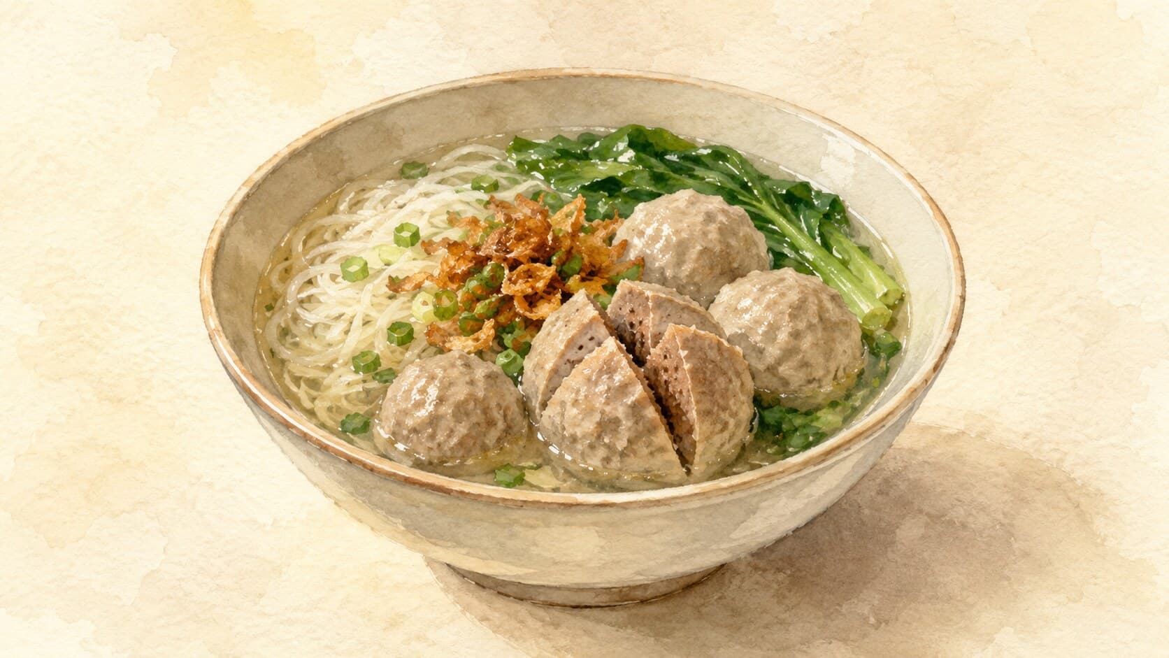 A bowl of clear pale broth with smooth bouncing beef meatballs, glass noodles, and chopped scallion, accompanied by red chili sauce.