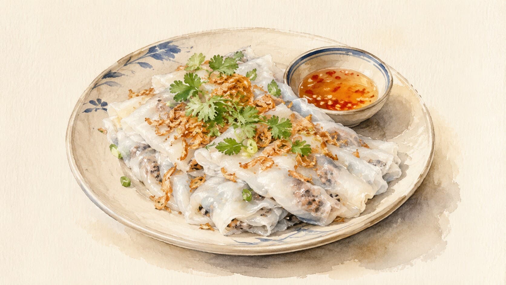 Steamed rice paper rolls filled with pork, topped with fried shallots and herbs, served with dipping sauce.
