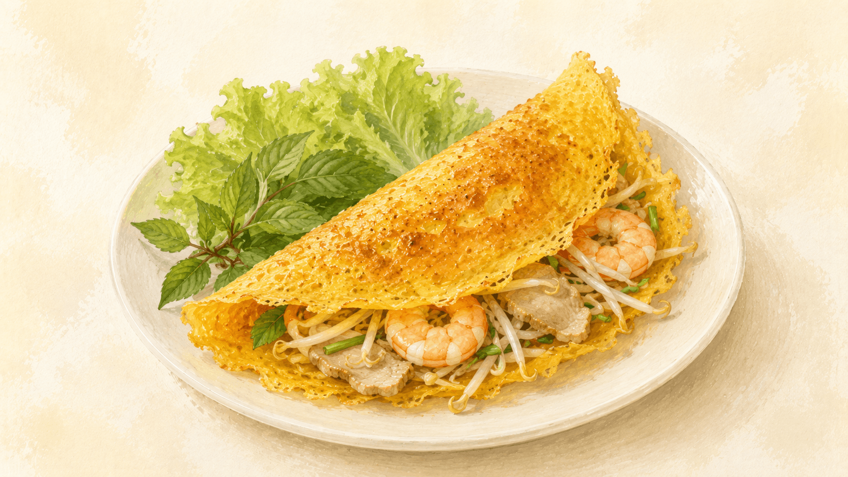 A golden turmeric crêpe folded in half on a plate, edges visibly crisp and lacy, with bean sprouts and shrimp visible at the fold, lettuce and fresh herbs in the background