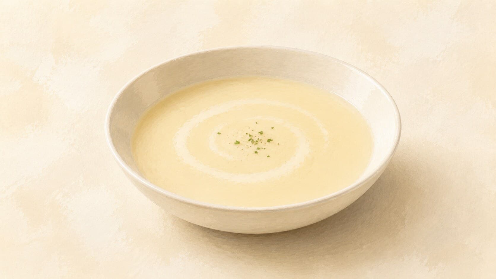 A pale-cream pureed potage in a shallow ceramic bowl, a swirl of cream on top and a sprig of chervil