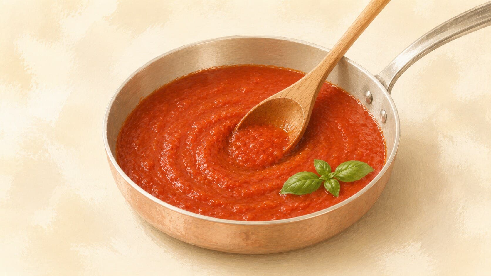A deep ruby tomato sauce simmering in a heavy saucepan, a wooden spoon dragging a path through the surface, a single basil leaf floating