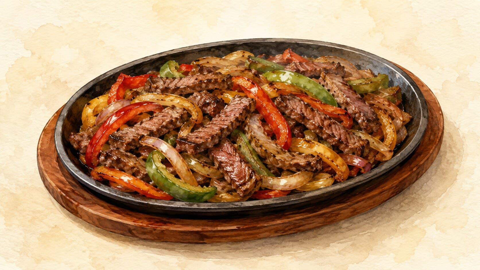 Sliced beef with bell peppers and onions on a sizzling cast-iron platter.