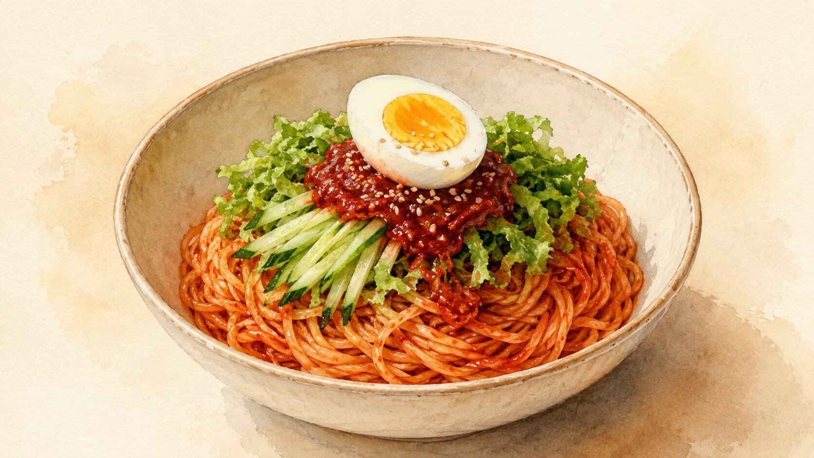 A Korean stone bowl filled with vibrant red-sauced thin wheat noodles, cucumber matchsticks, a half hard-boiled egg, sesame seeds, and melting ice cubes.