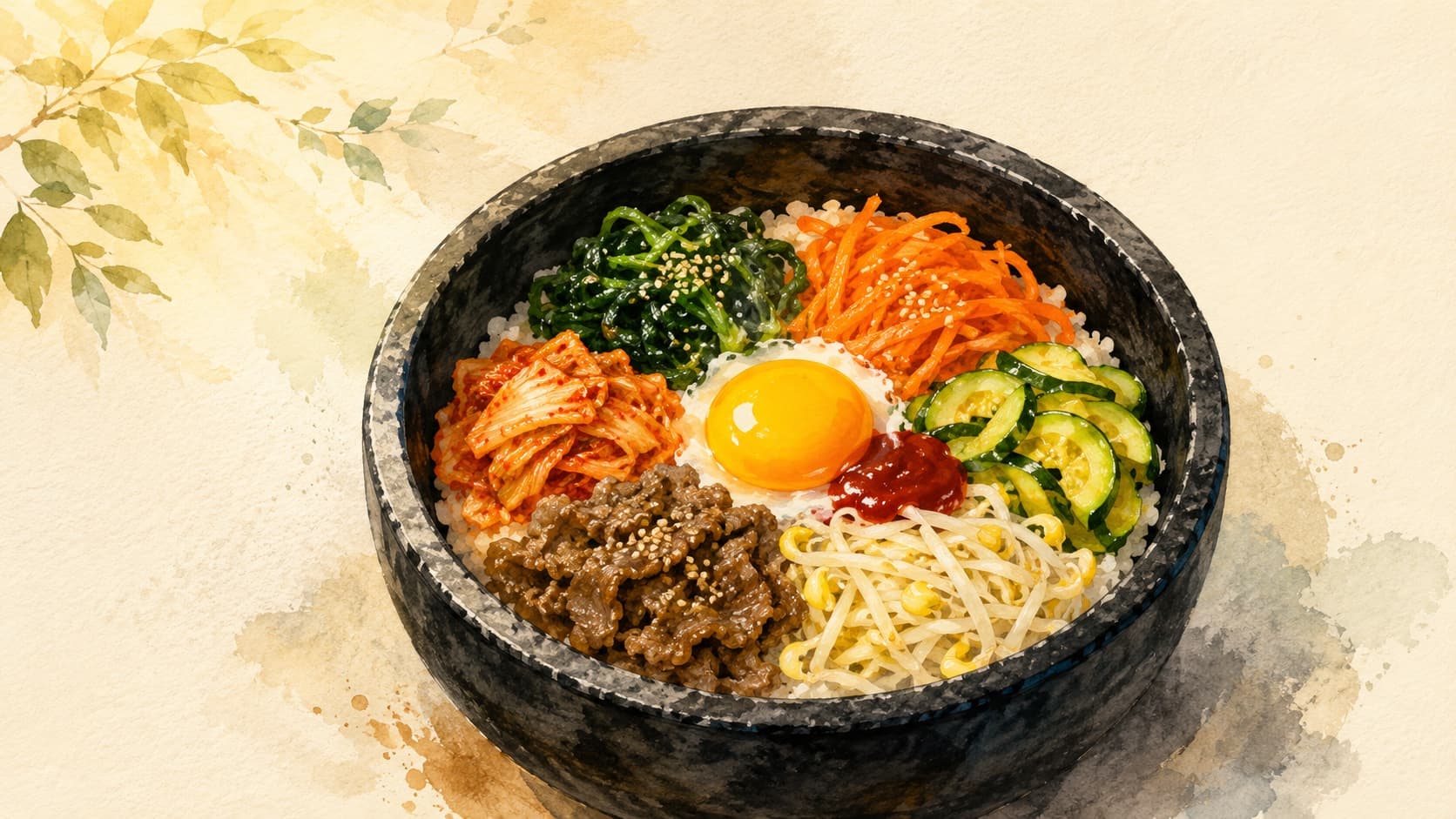 A colorful bowl of bibimbap topped with fresh vegetables and a fried egg.
