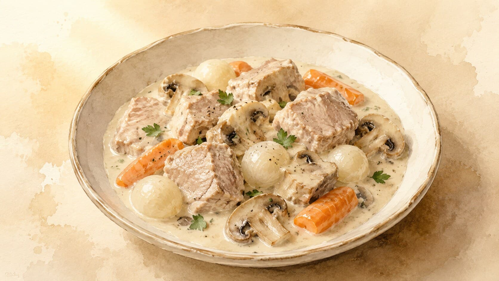 A pale white blanquette de veau in a white serving bowl, with visible pearl onions and mushrooms in a silky cream sauce
