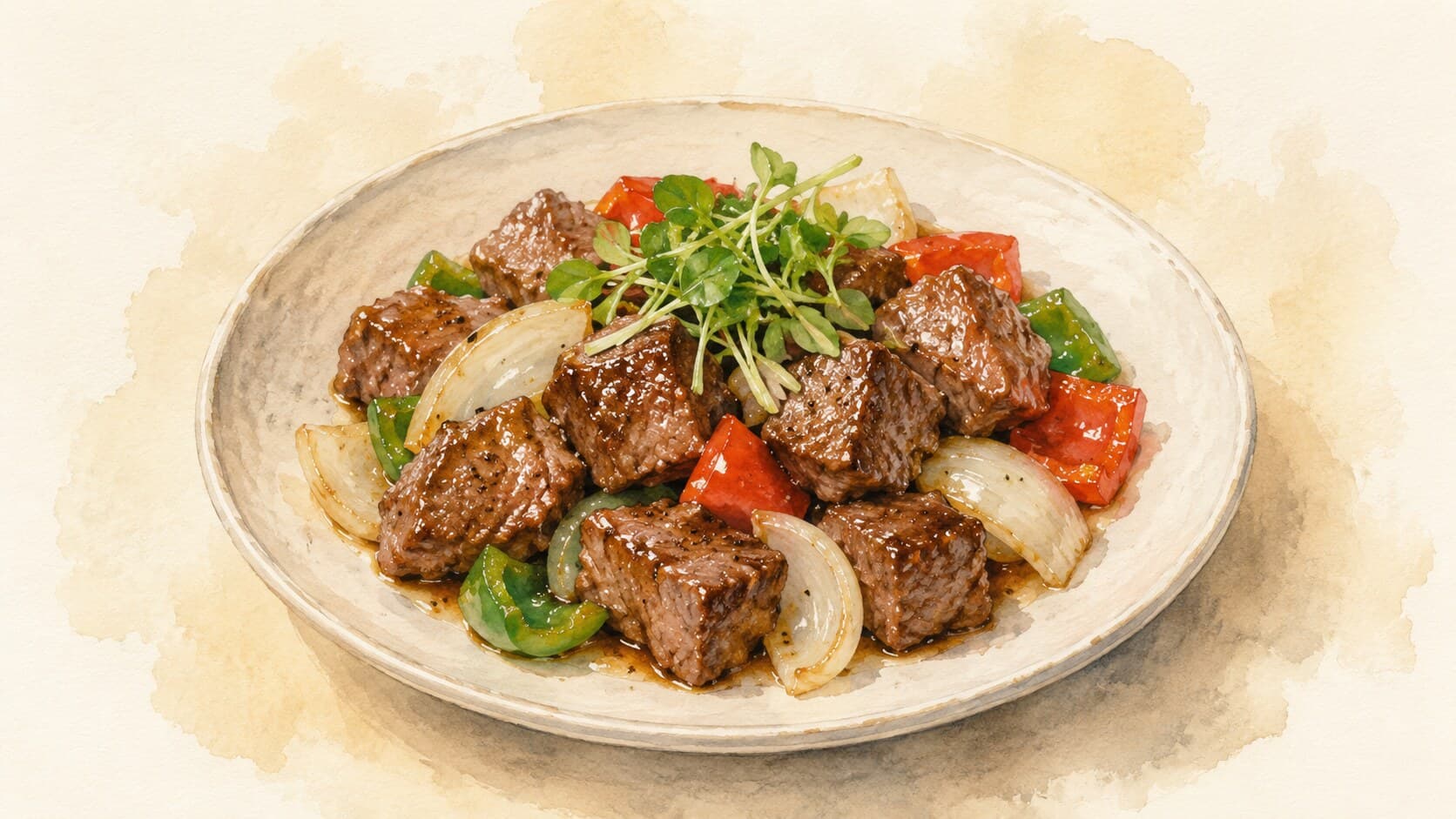 Beef cubes with red bell pepper and onion in glossy soy-garlic sauce.