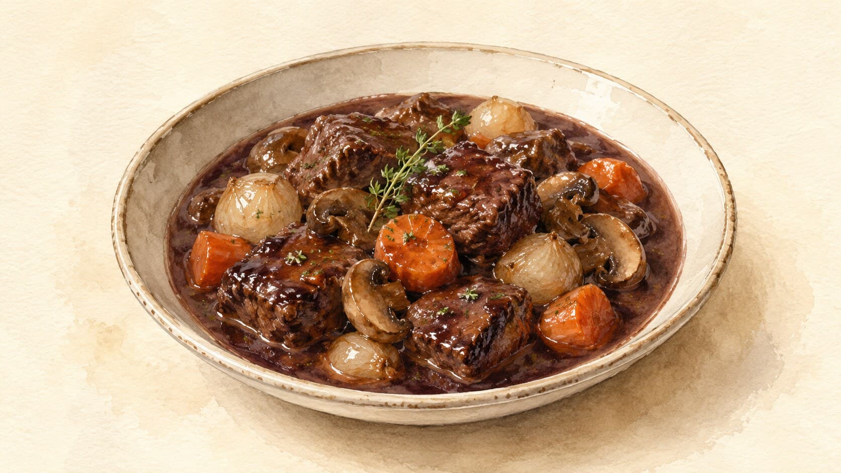 A deep red-wine beef stew featuring pearl onions, carrots, and mushrooms in a rustic bowl.
