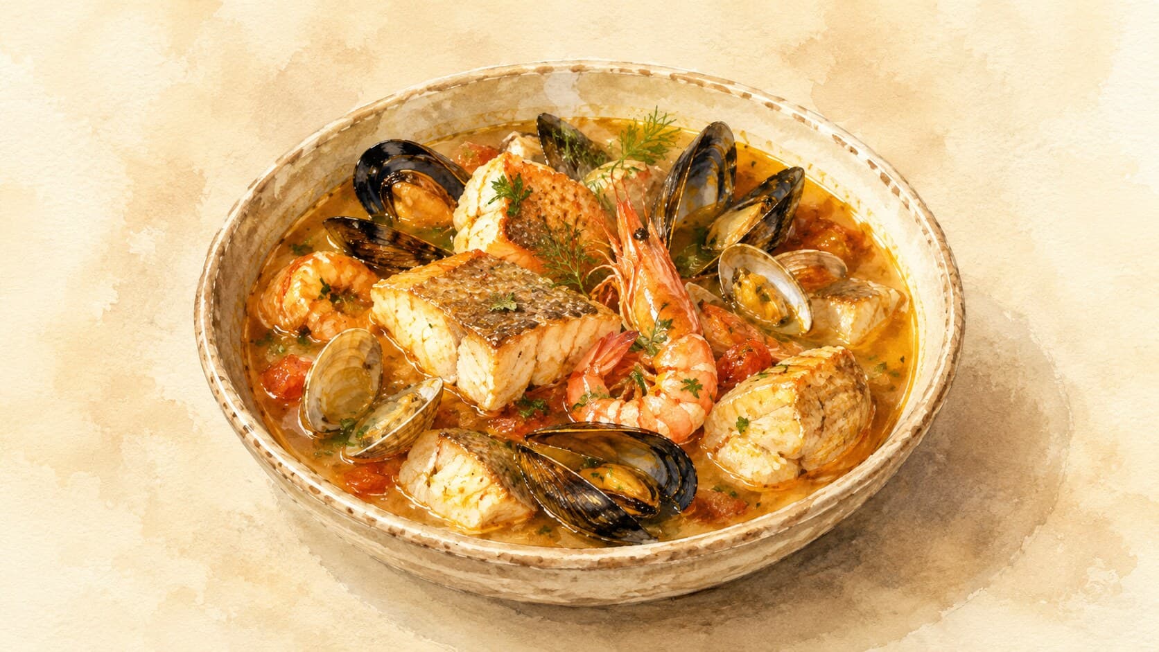 A vibrant Mediterranean fish stew with mussels, shrimp, clams, and white fish chunks in a tomato-saffron broth.