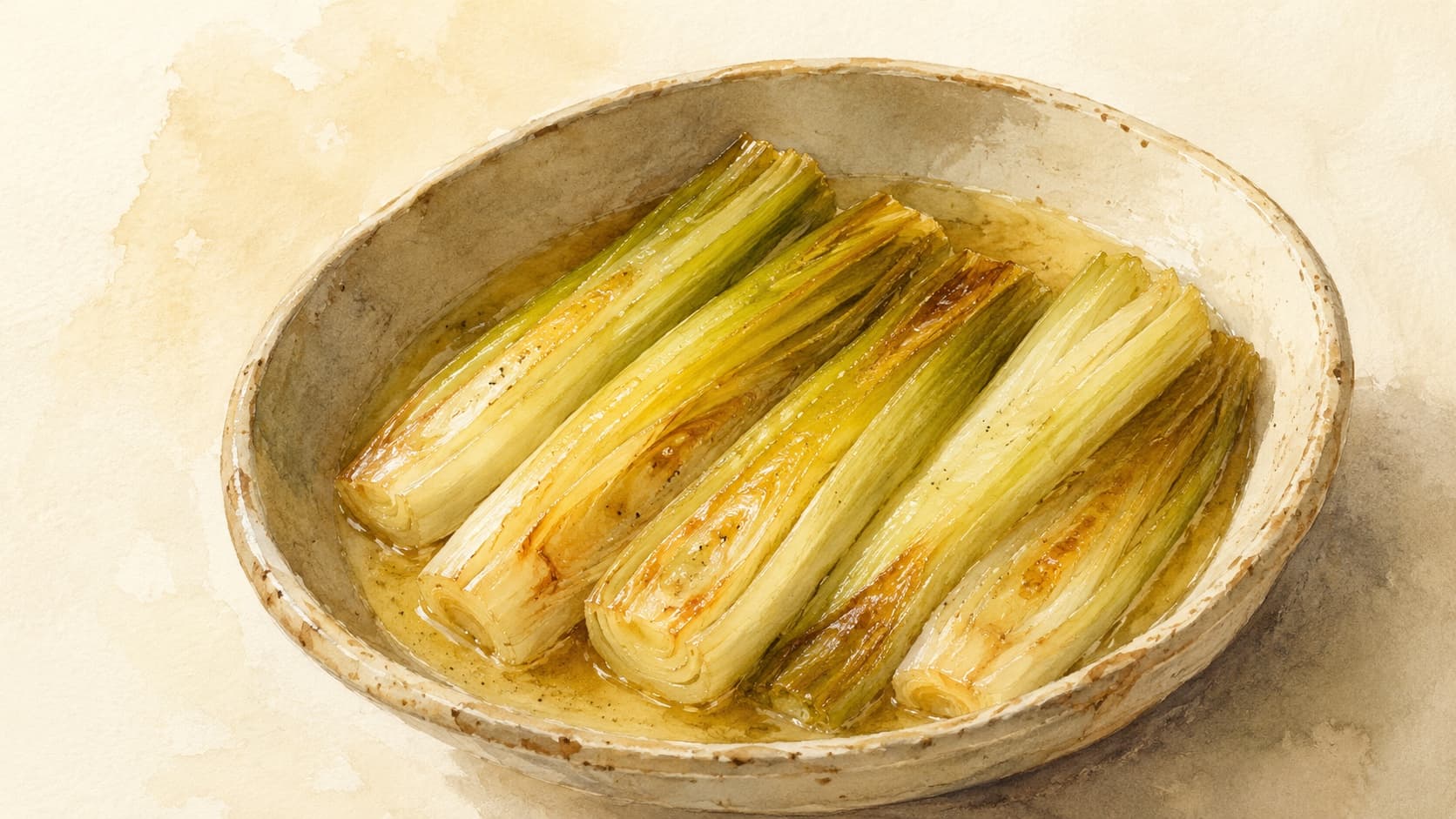 Braised leeks in a wide shallow pan, golden on one side and pale on the other, glistening with reduced stock and butter