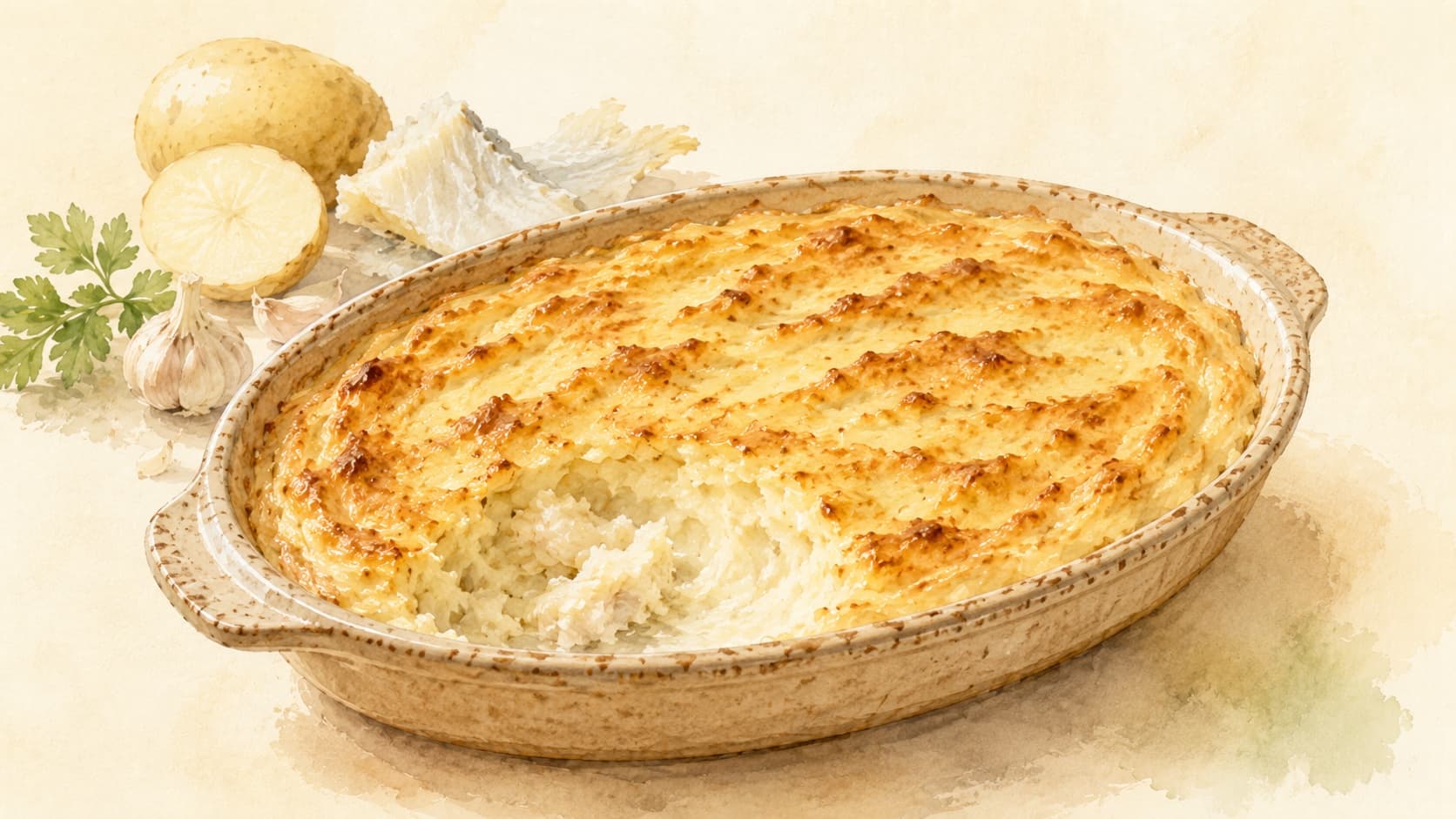 A beautifully presented dish of Brandade de Morue garnished with fresh herbs.