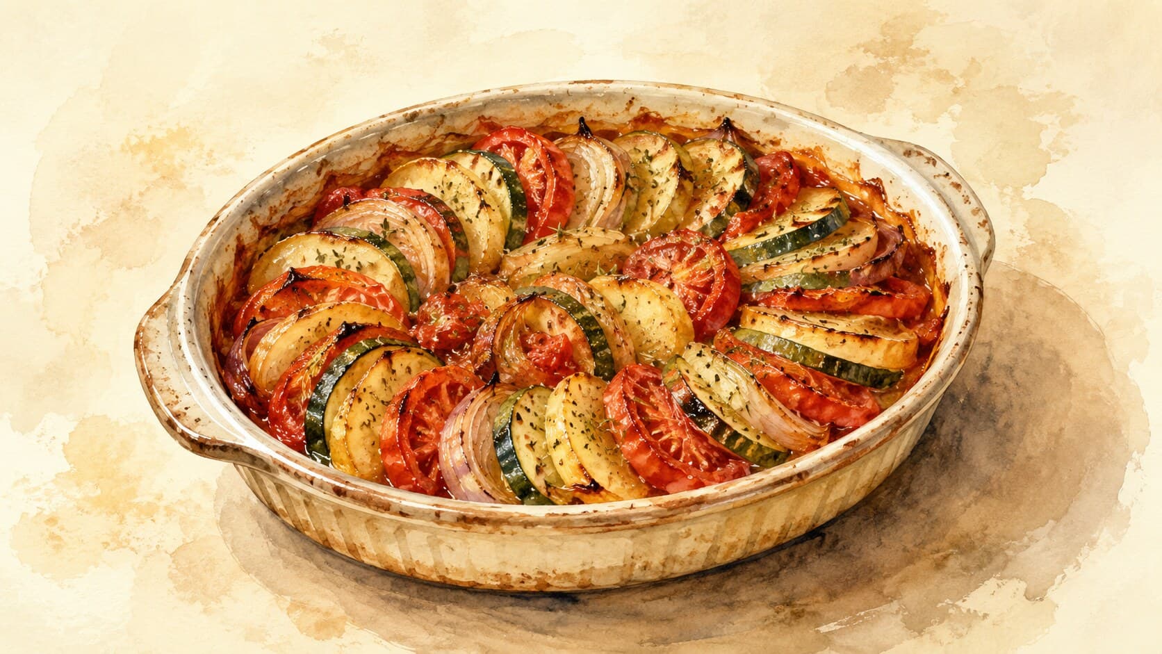 A wide ceramic dish filled with overlapping slices of eggplant, zucchini, potato, and tomato, glistening with olive oil after roasting.