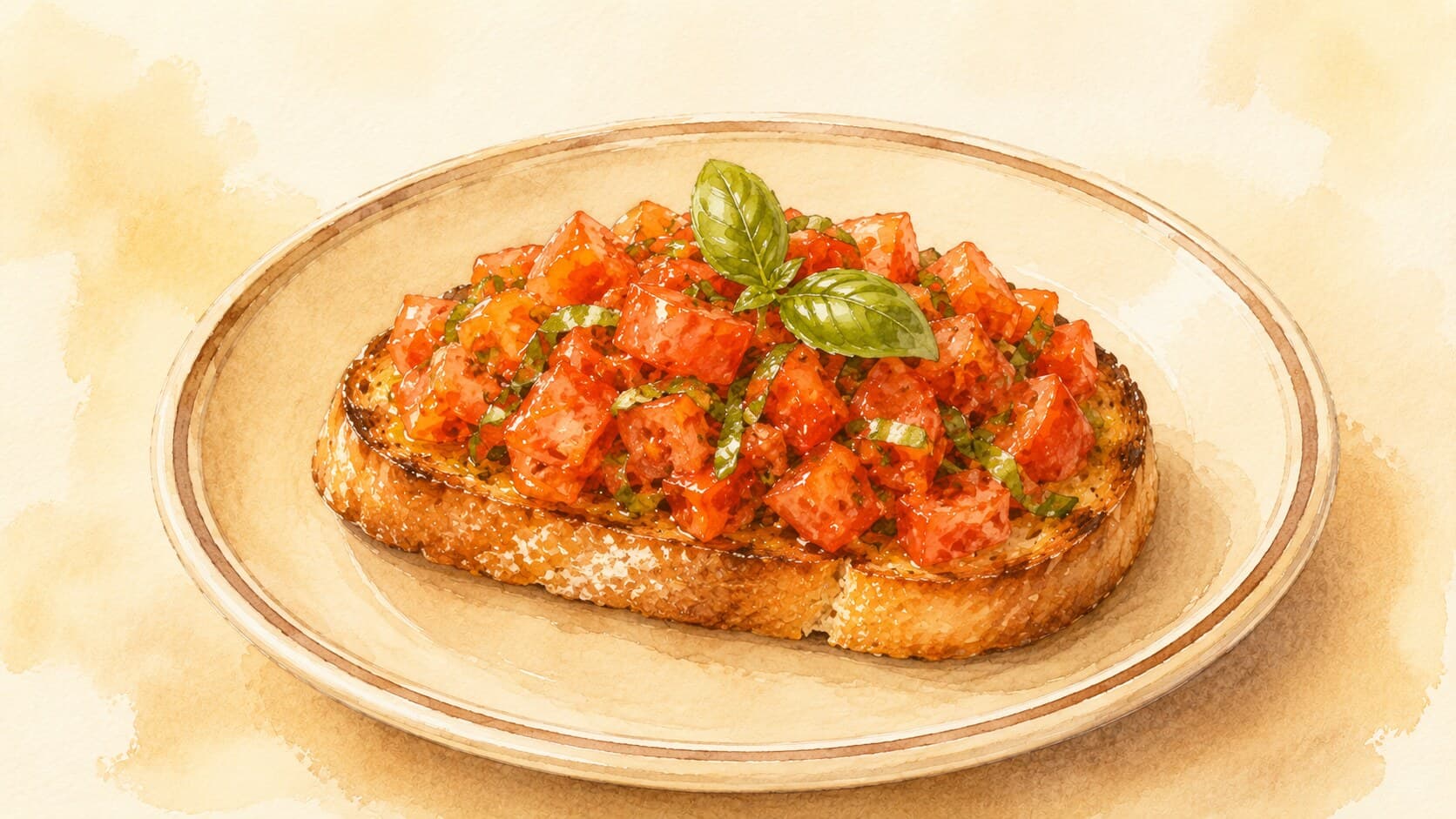 Golden toasted bread topped with vibrant diced tomatoes and basil.