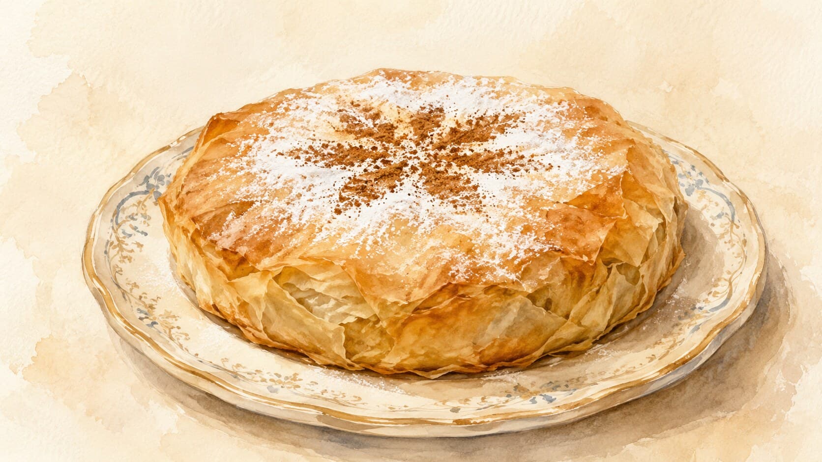 A round Moroccan pastry with a crackling golden phyllo top, dusted with cinnamon-sugar, revealing shredded chicken-almond filling.