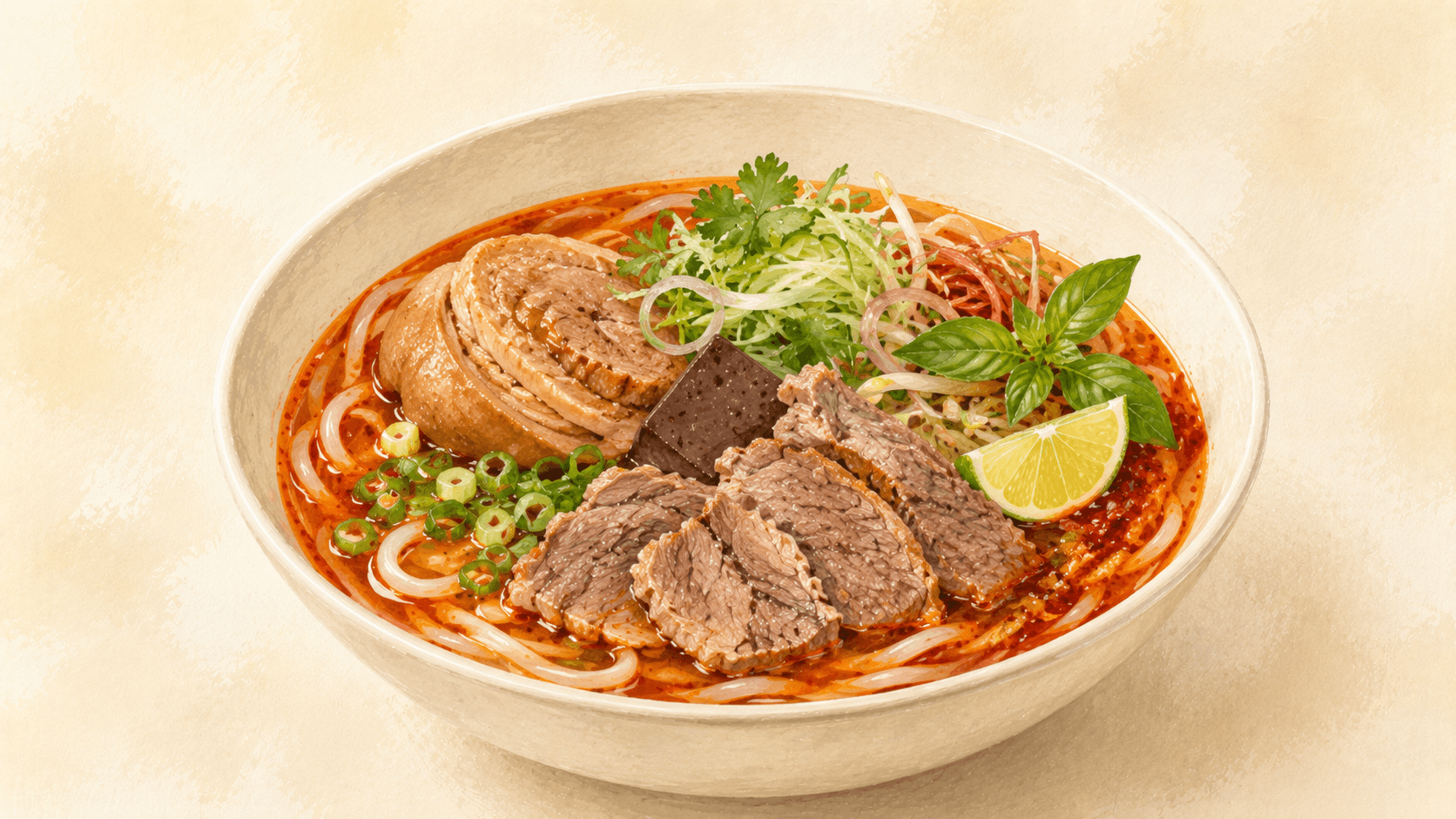 A deep bowl of reddish-amber bún bò Huế broth with thick round noodles, sliced beef, a piece of pork trotter, and fresh herbs visible at the rim
