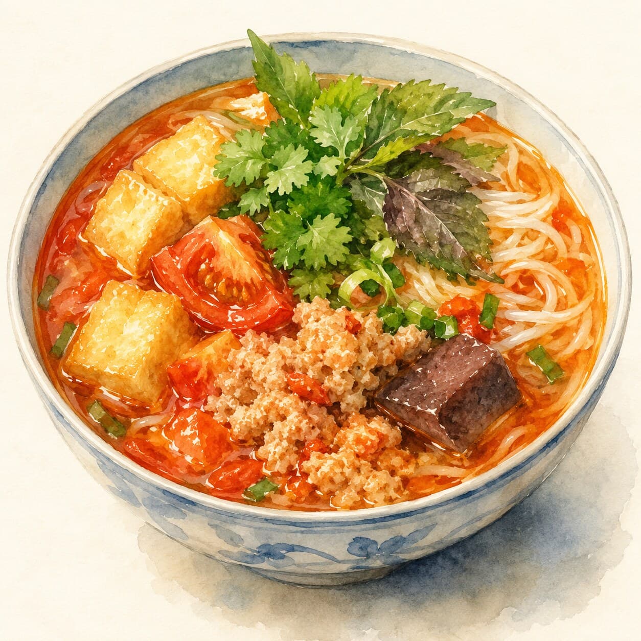 A bowl of Bún Riêu with tomato, tofu, and water spinach, garnished with herbs.