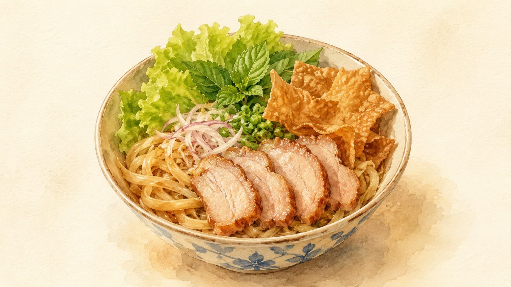 A vibrant bowl of grilled pork slices served over vermicelli noodles, garnished with fresh herbs and crispy wonton skins.