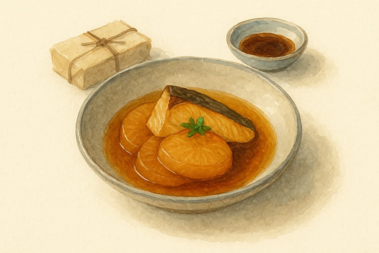 Translucent daikon disks colored amber by soy-dashi reduction, topped with yellowtail collar and ginger threads.
