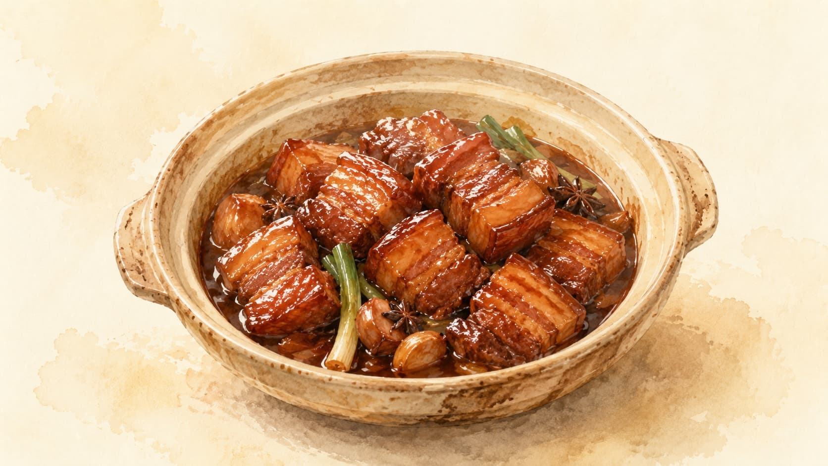 A beautifully arranged plate of Buta no Kakuni garnished with green onions and ginger.