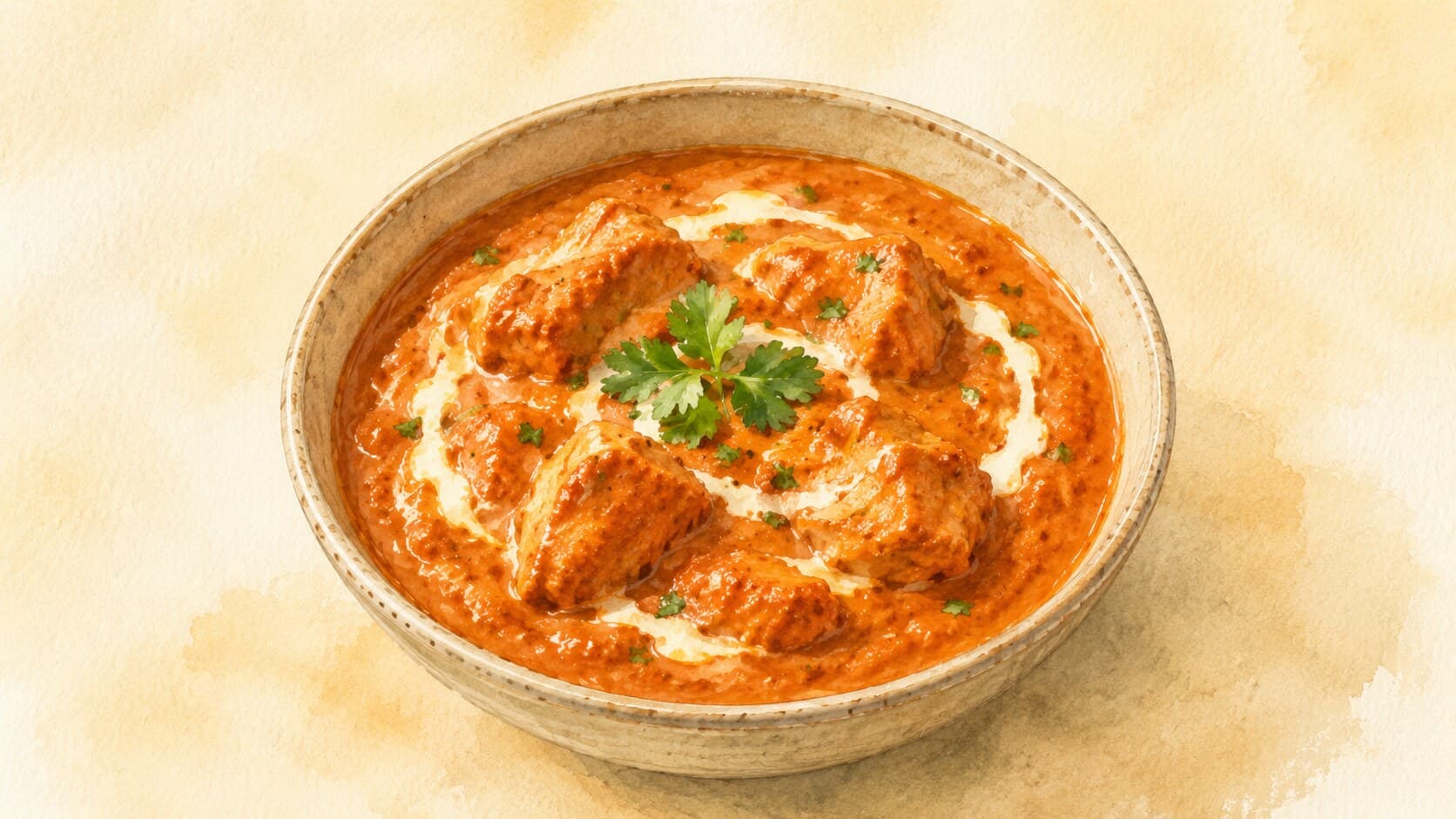 A vibrant plate of butter chicken garnished with fresh cilantro and served with naan.