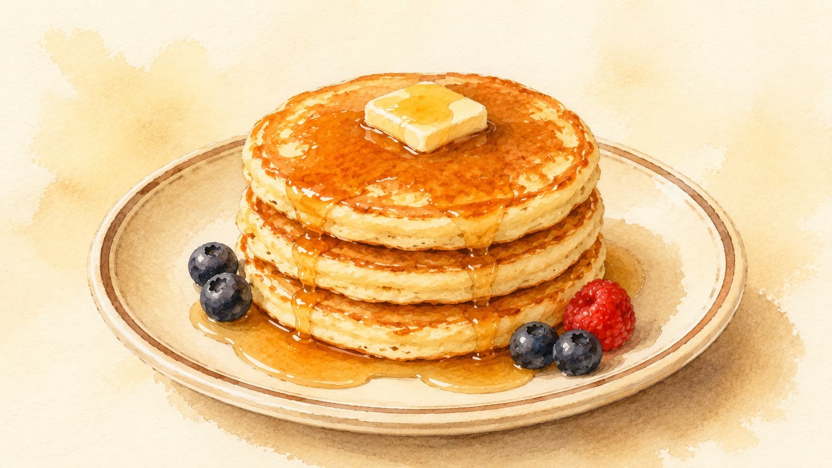 Fluffy, golden-brown pancakes stacked high with syrup drizzling down.