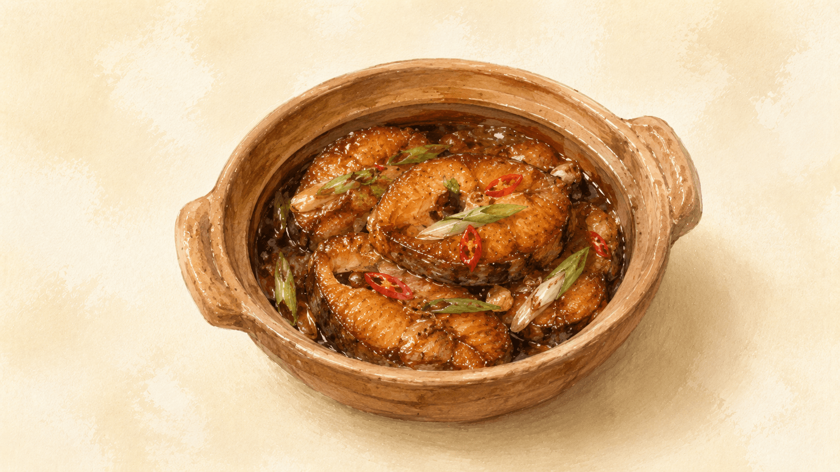 A clay pot with dark amber caramelized fish steaks in a thick mahogany glaze, spring onions and chili scattered over, served beside white rice