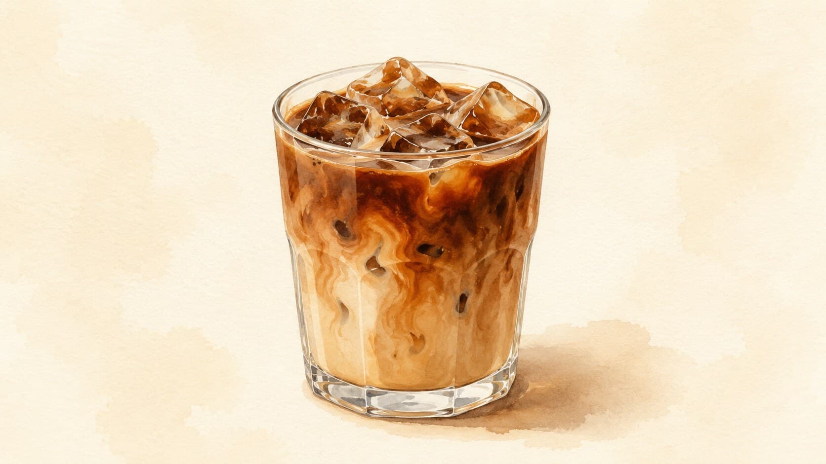 A glass of iced Vietnamese coffee swirling with condensed milk and dark coffee layers, topped with ice cubes.
