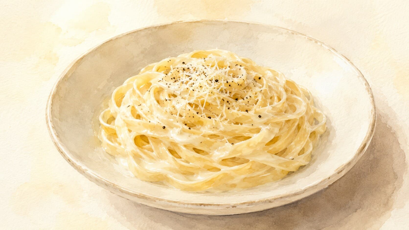 A bowl of creamy pasta with a generous sprinkle of black pepper and Parmesan.