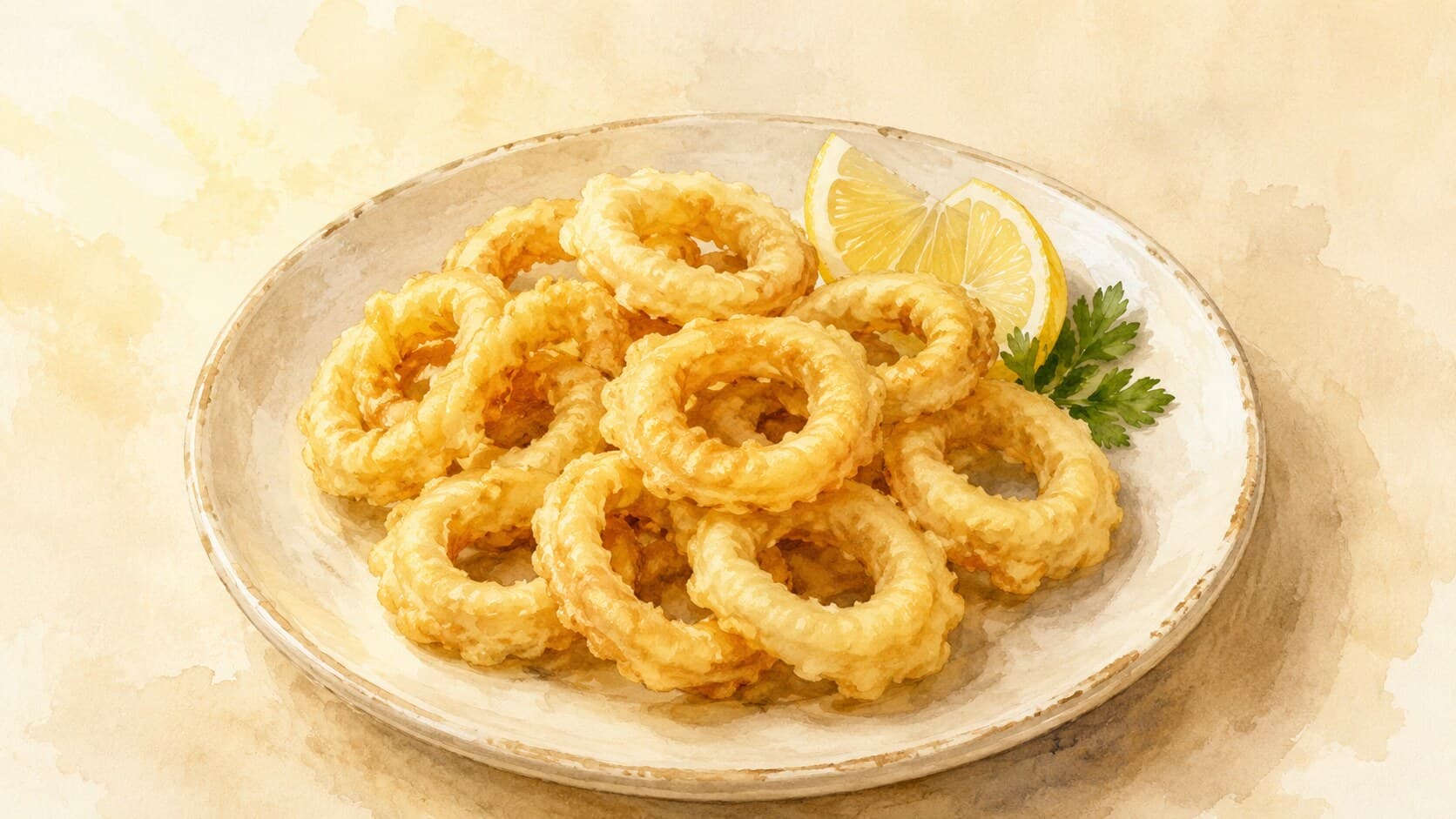 Golden fried squid rings served with lemon wedges and parsley.