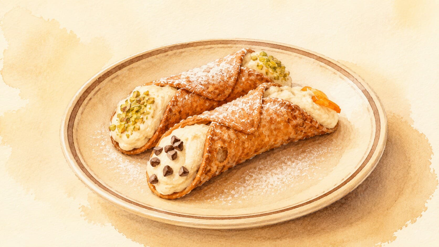 Golden-brown fried cannoli shells filled with creamy ricotta and dusted with powdered sugar.