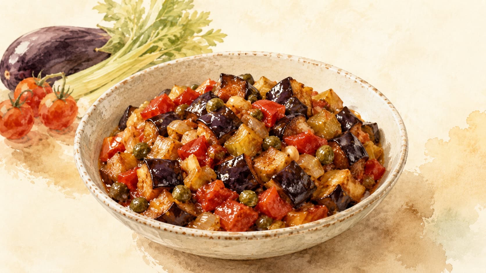 A vibrant watercolor illustration of a bowl of caponata, showcasing its rich colors and textures.