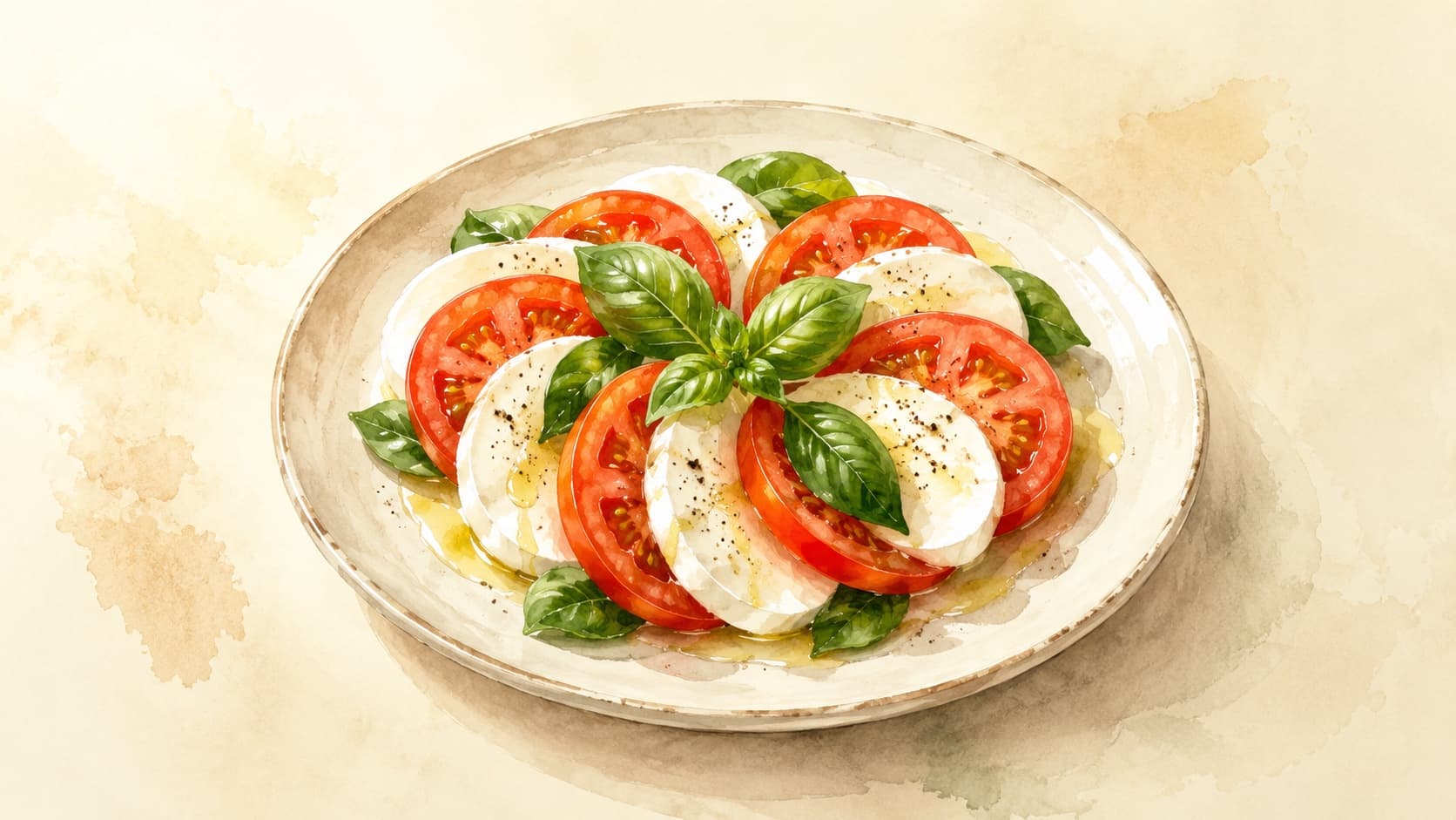 A vibrant Caprese Salad with ripe tomatoes, fresh mozzarella, and green basil.
