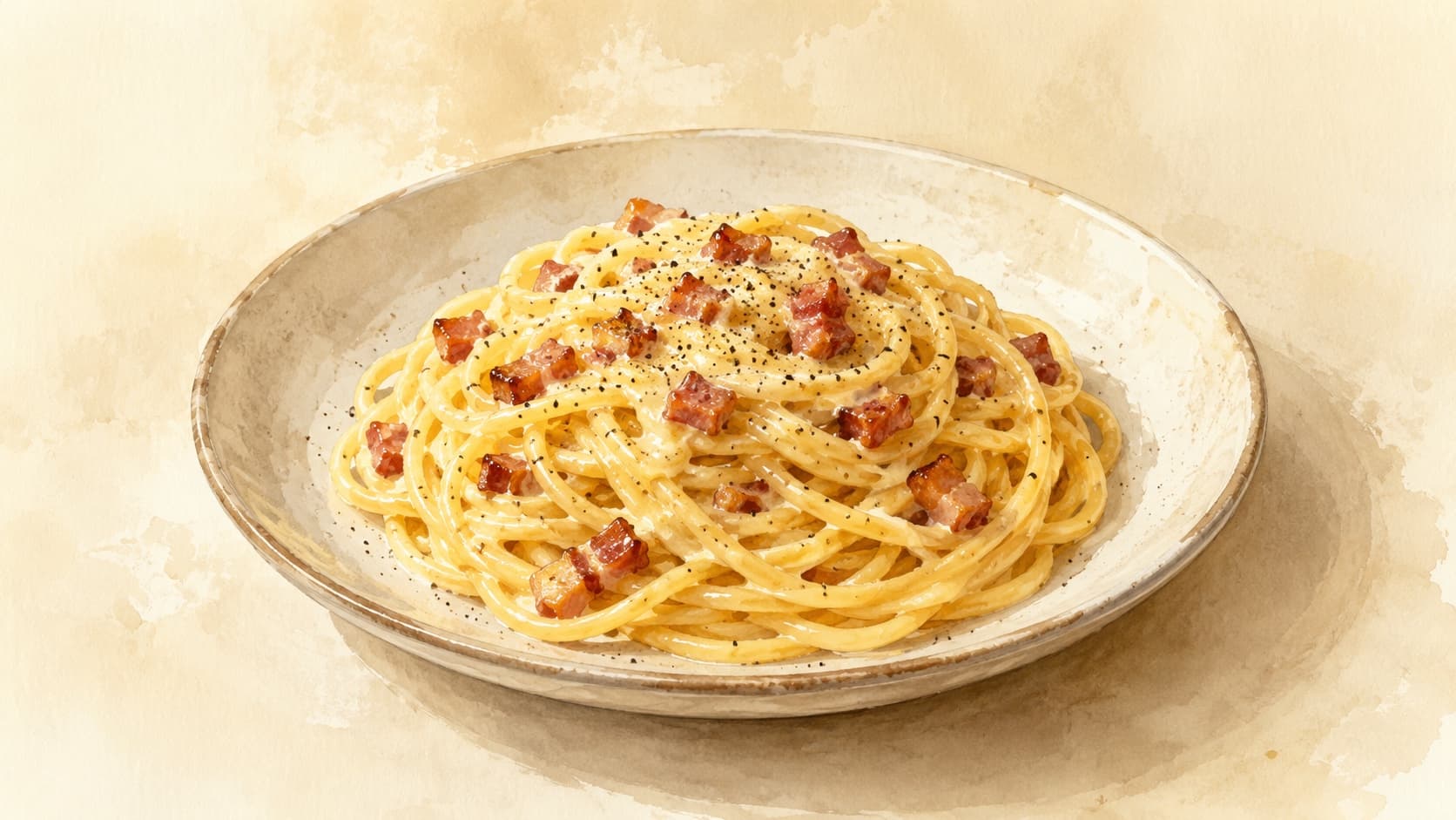 A creamy plate of carbonara garnished with freshly grated cheese and black pepper.